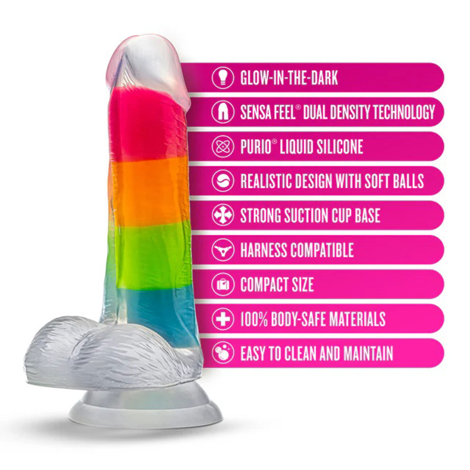 neo elite glow in the dark rainbow rave  silicone dual density dildo multicolored 