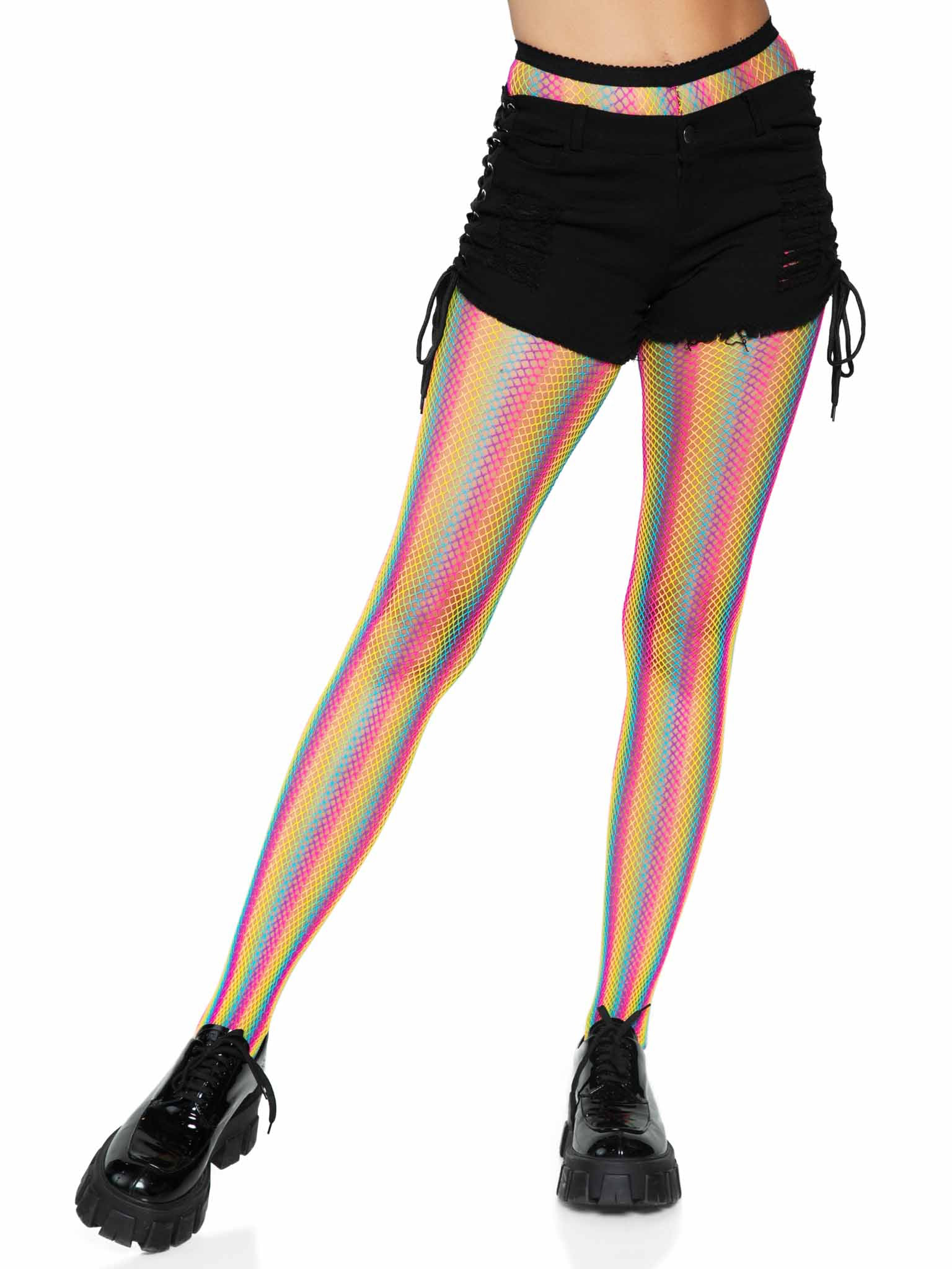 neon rainbow striped fishnet tights one size  multicolor 