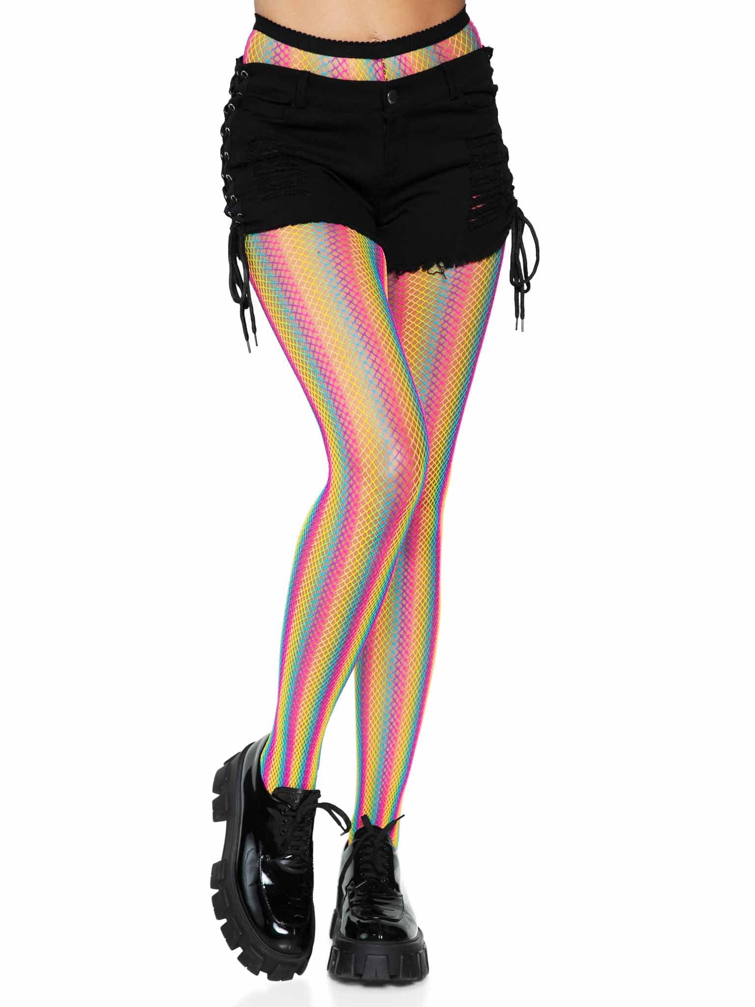 neon rainbow striped fishnet tights one size  multicolor 