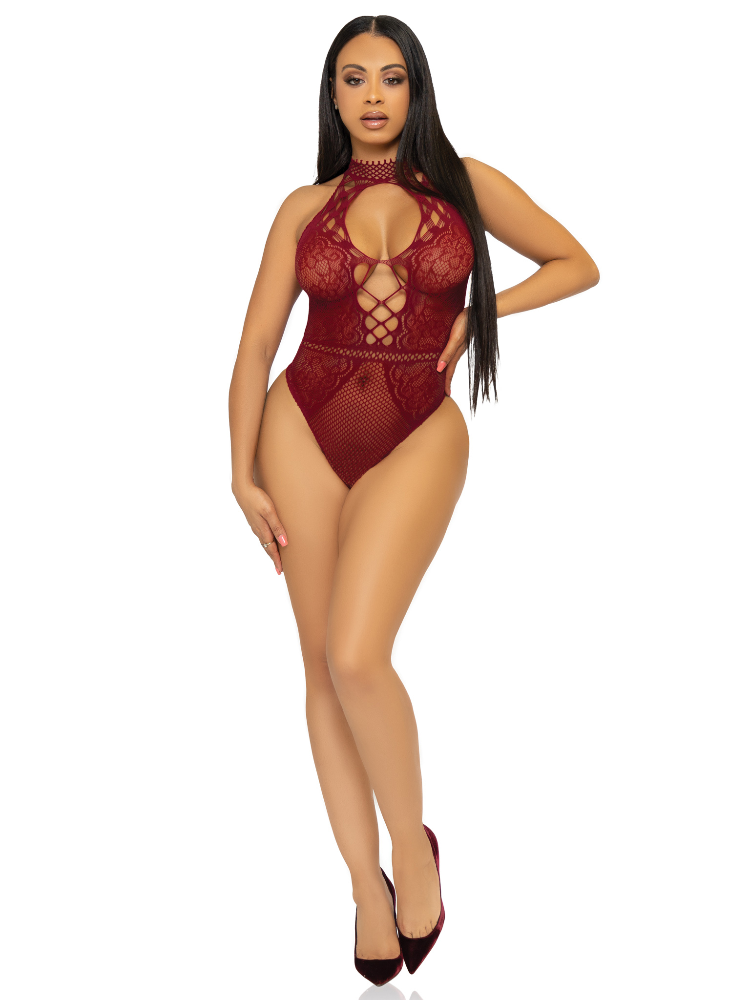 net and lace keyhole halter bodysuit one size  burgundy 