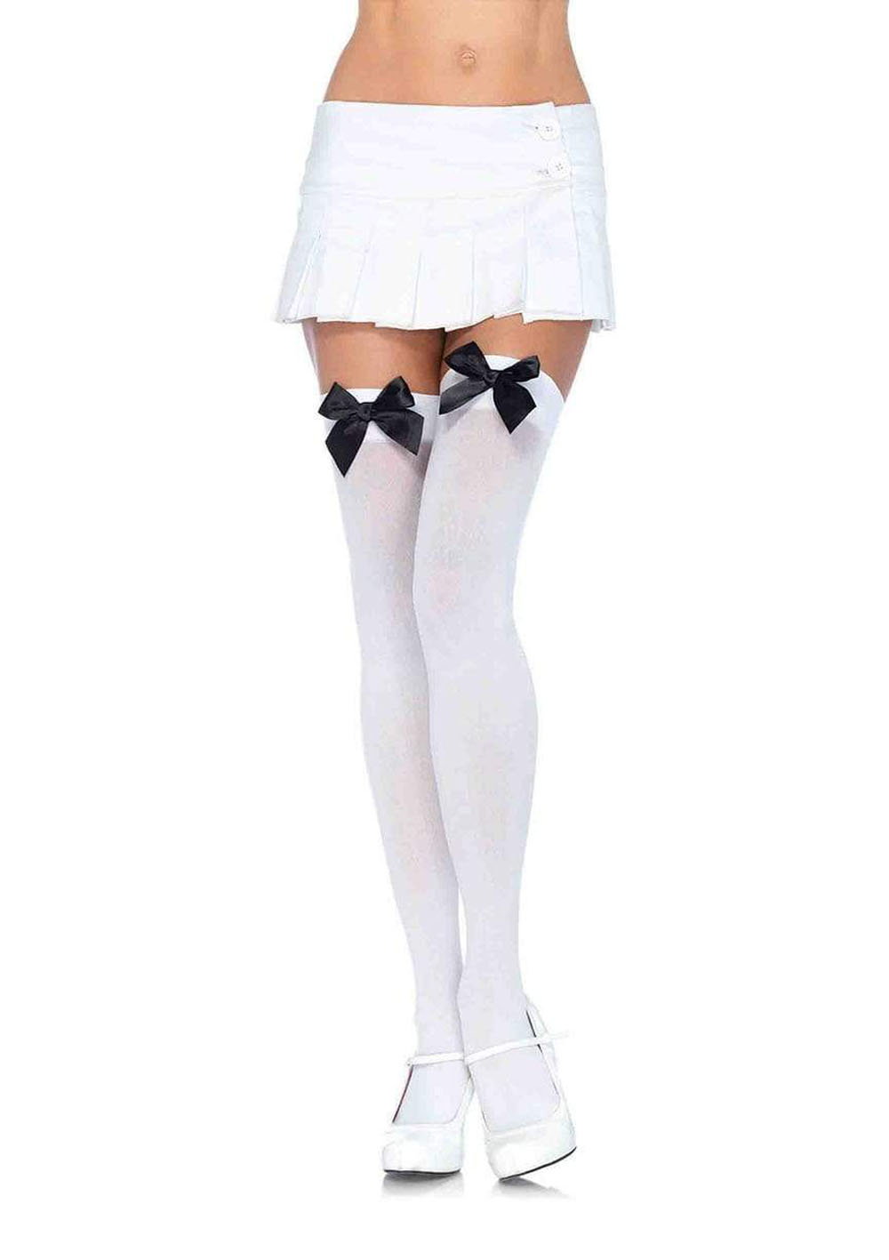 nylon thigh highs with bow one size white black 