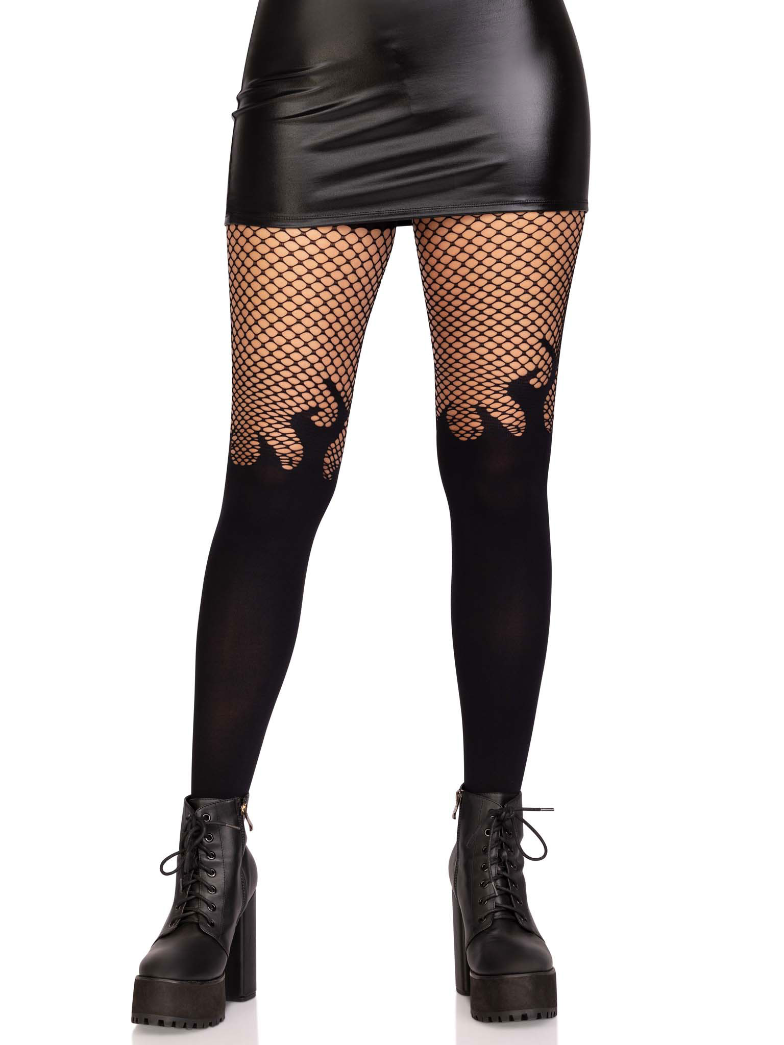 opaque flame tights with fishnet top one size  black 