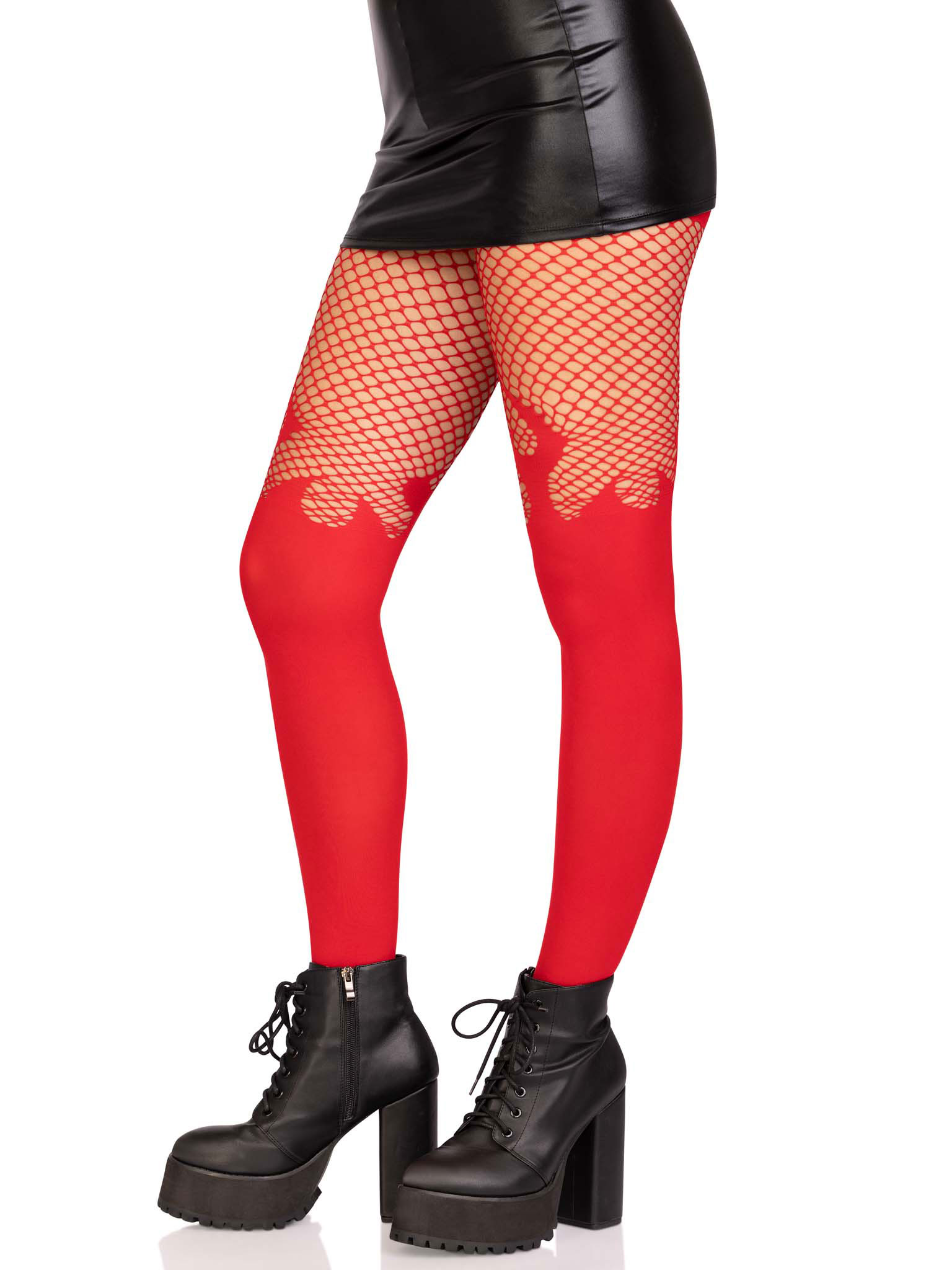 opaque flame tights with fishnet top one size  red 