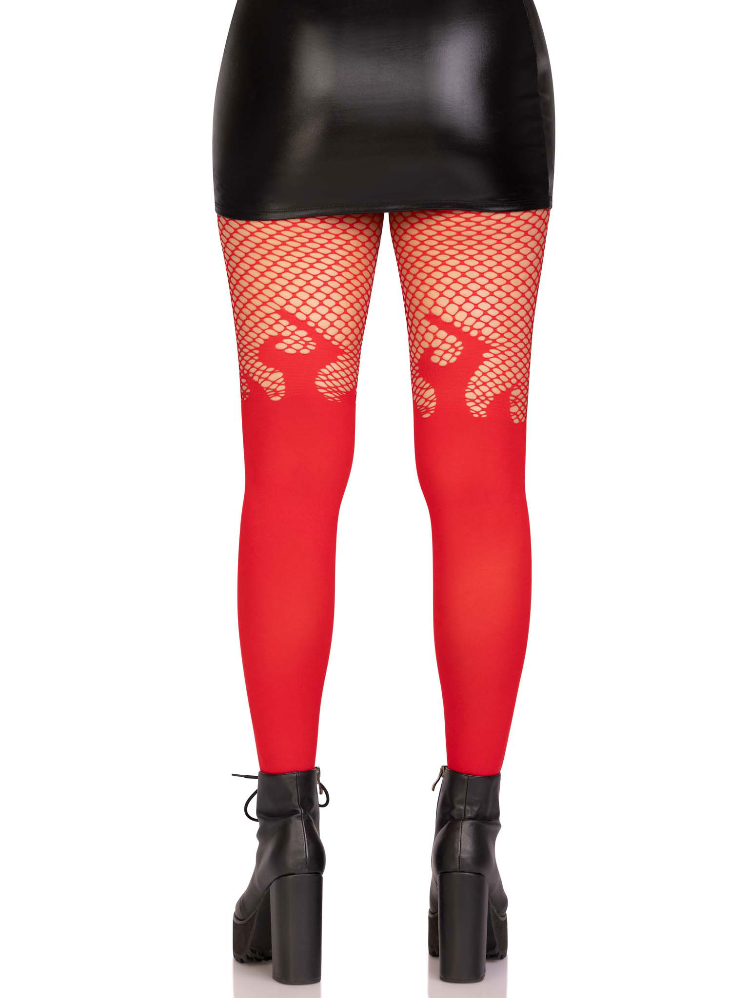 opaque flame tights with fishnet top one size  red 