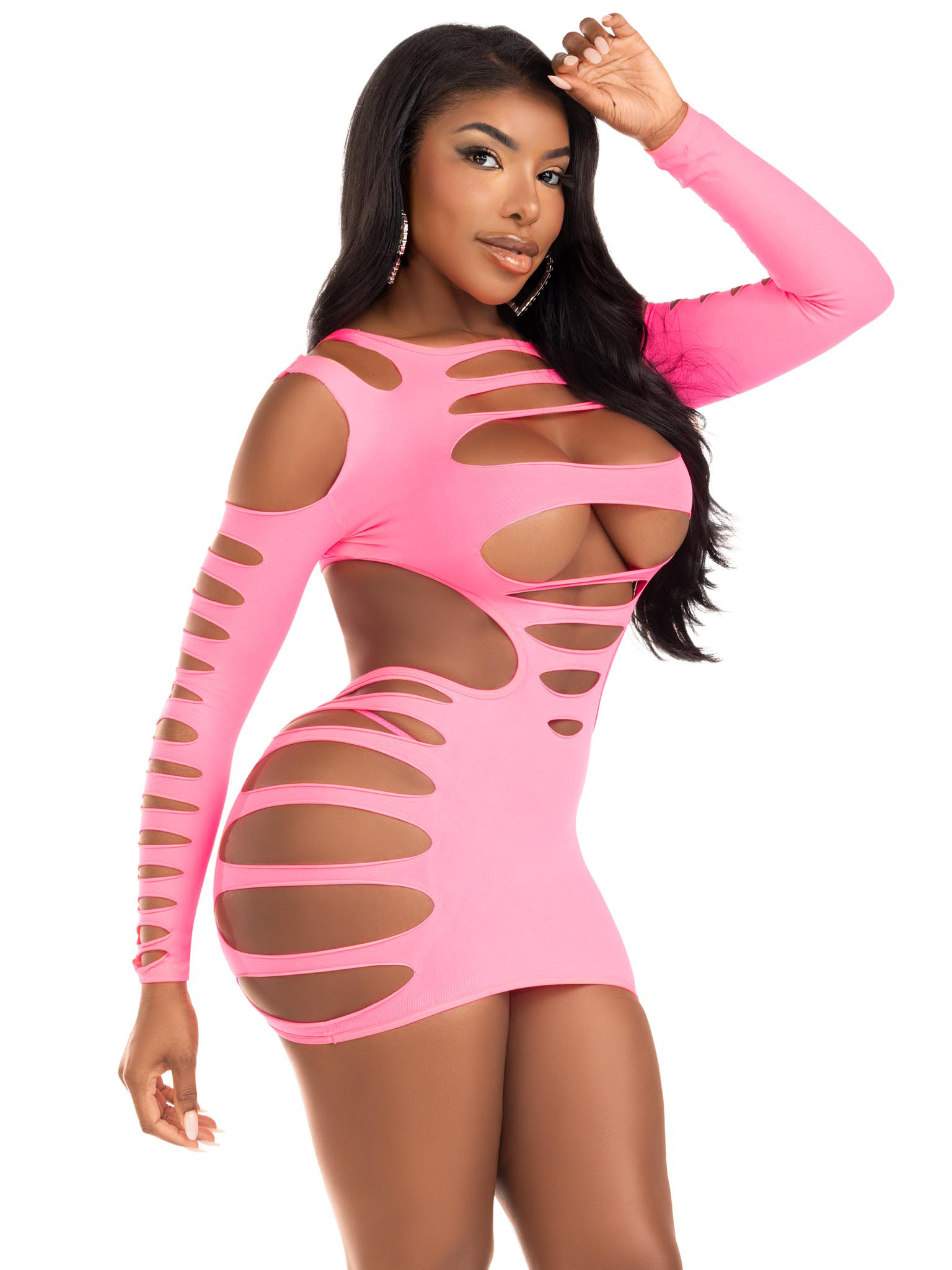 opaque shredded cut out mini dress one size neon pink 