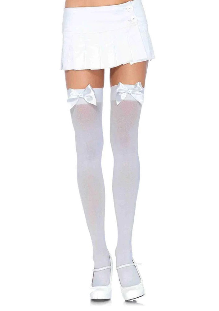 opaque thigh highs with satin bow accent  one size white 