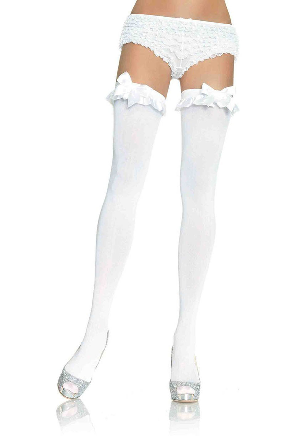 opaque thigh highs with satin ruffle trim and bow one size white 