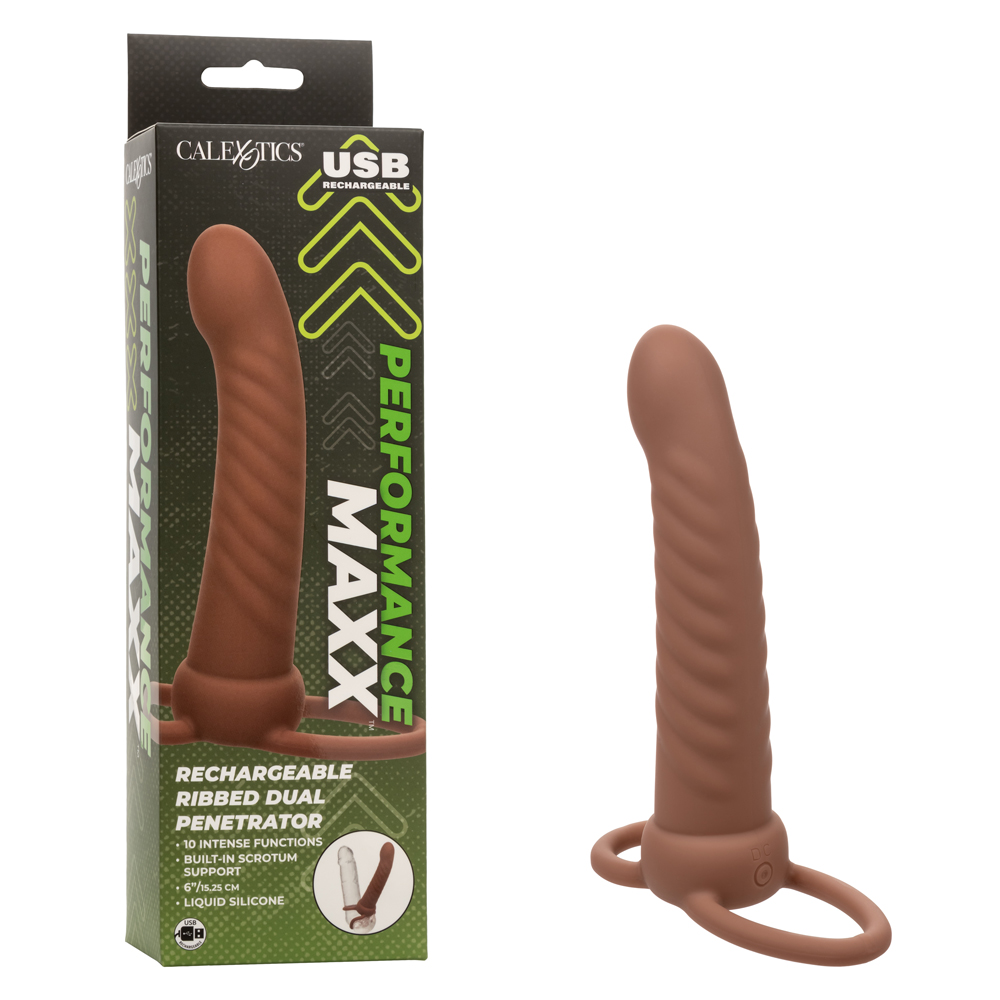 performance maxx rechargeable ribbed dual  penetrator brown 