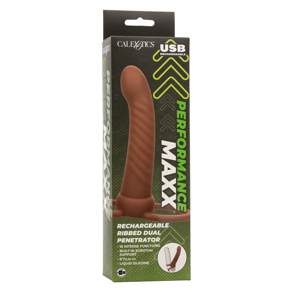 performance maxx rechargeable ribbed dual  penetrator brown 