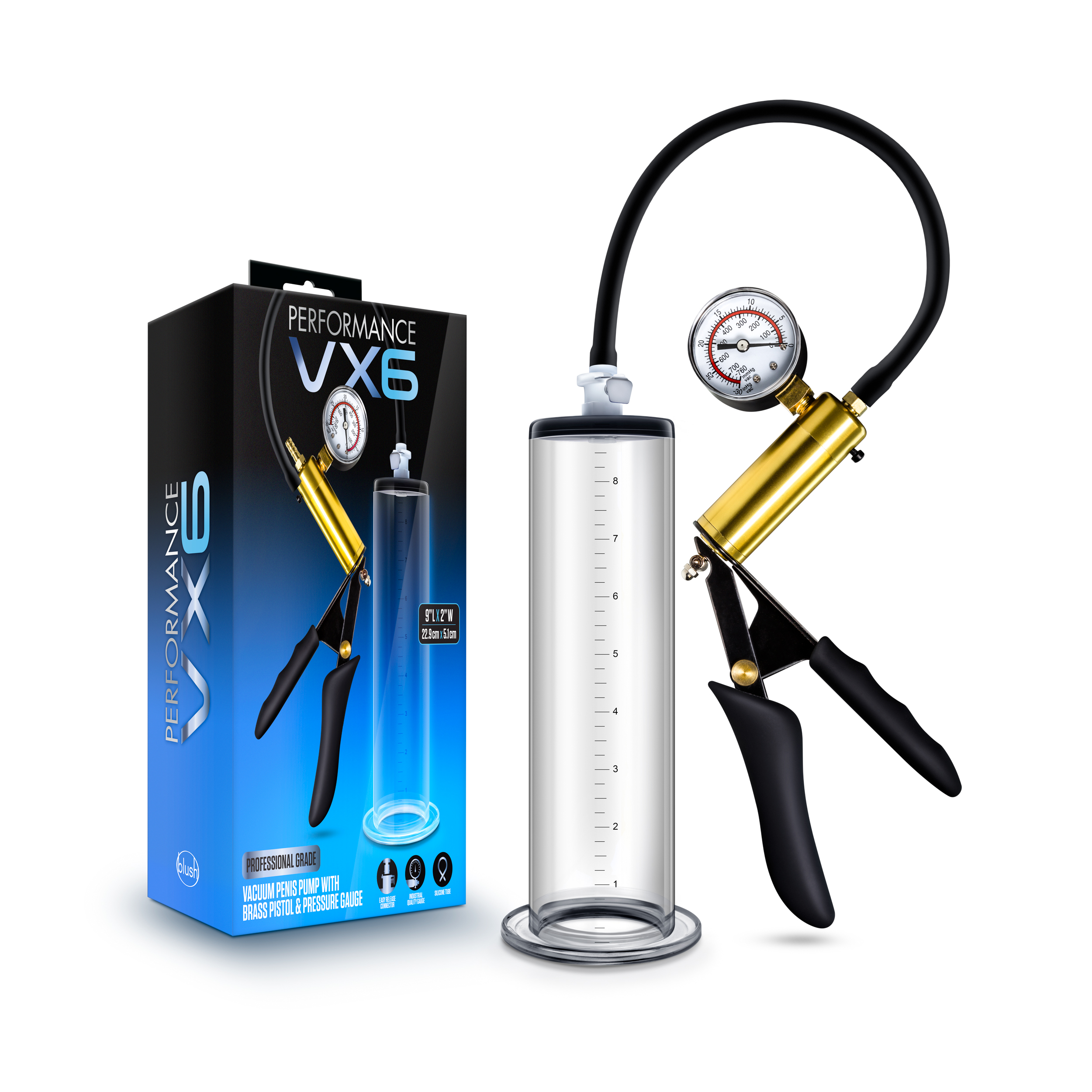 performance vx vacuum penis pump with brass  pistol  pressure gauge clear 