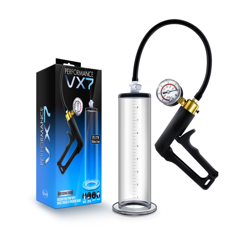 performance vx vacuum penis pump with brass  trigger  pressure gauge clear 