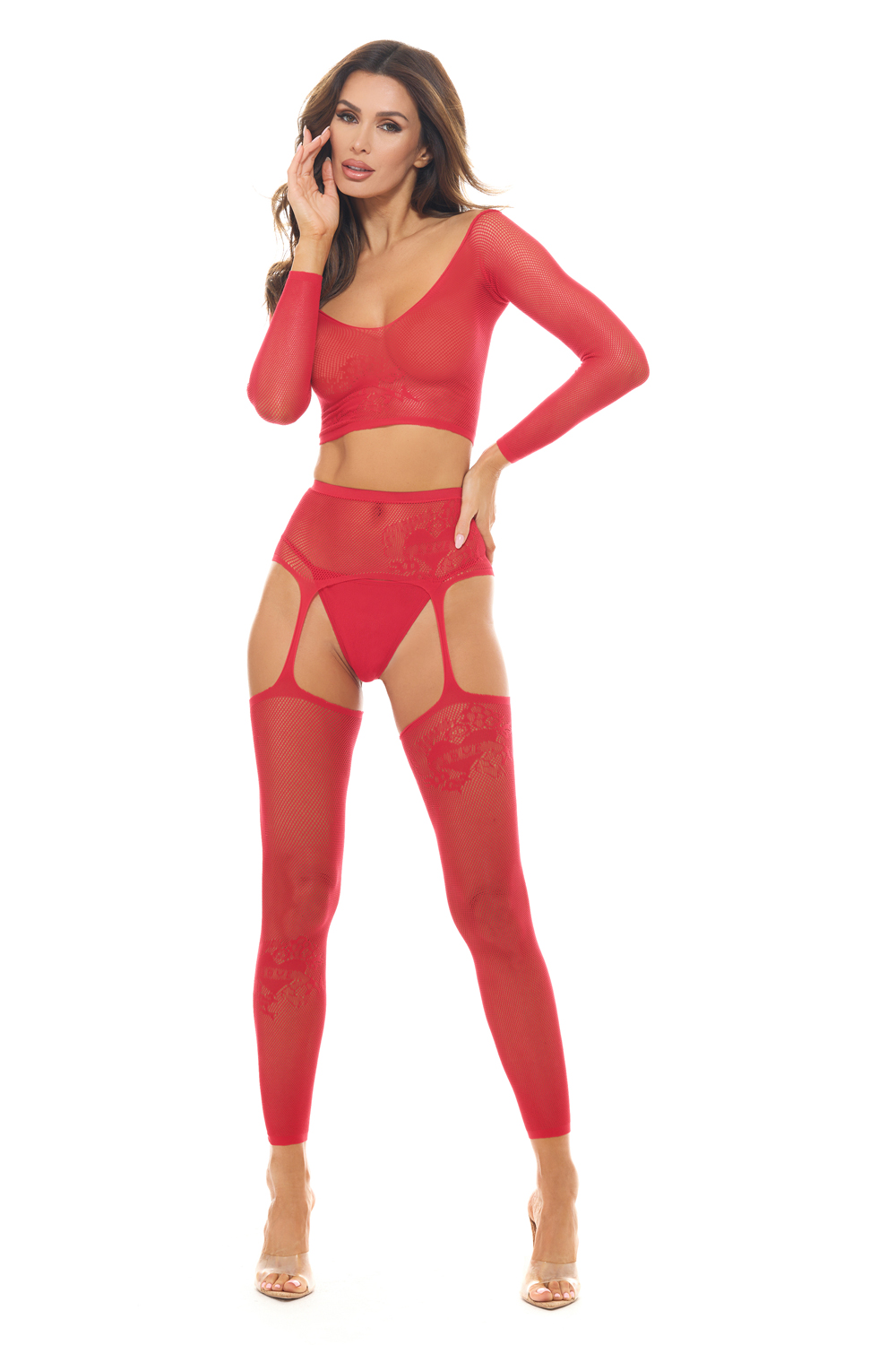 permanent mark long sleeve top and garter bodystocking red os 