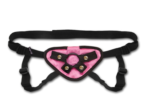 pink velvet strap on harness 