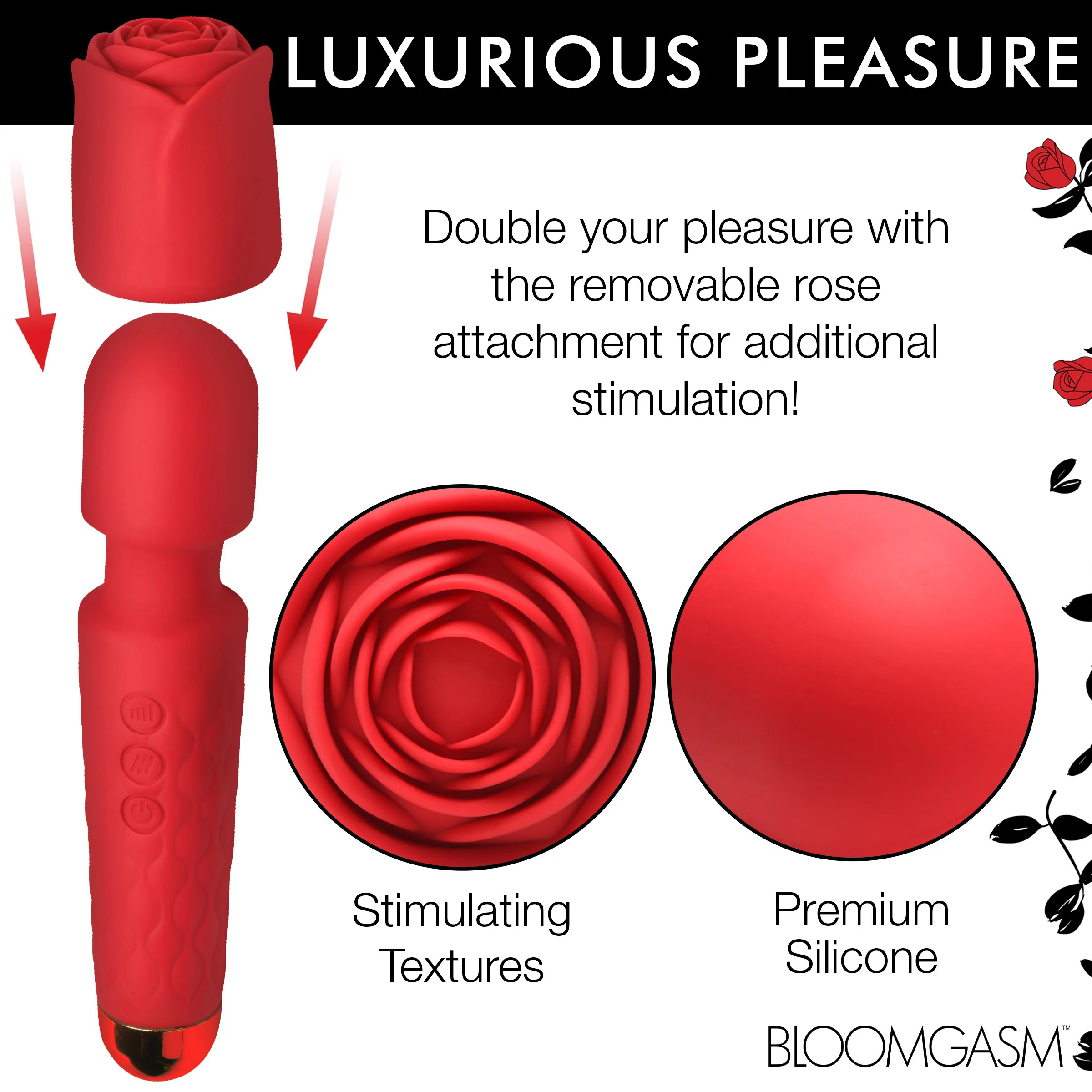 pleasure rose x silicone wand with rose  attachment red 