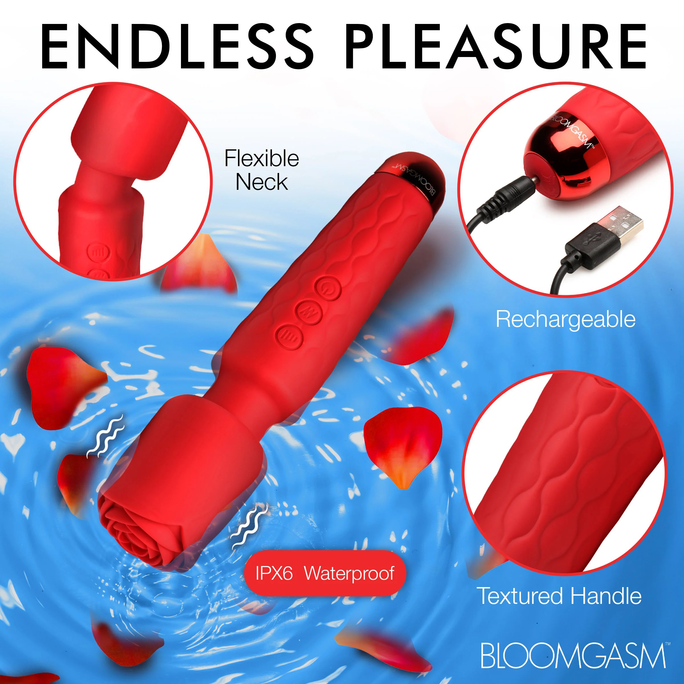 pleasure rose x silicone wand with rose  attachment red 