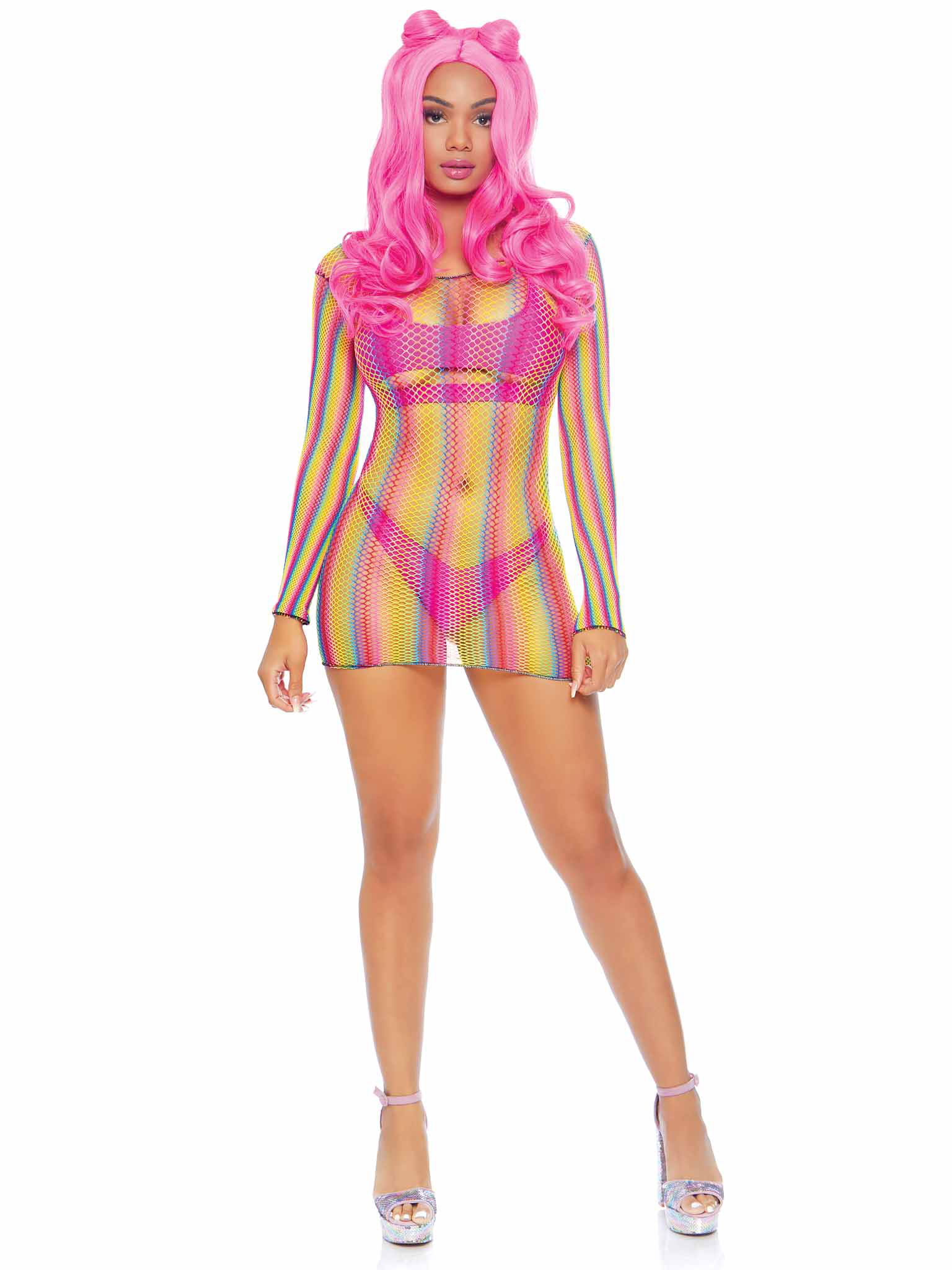 rainbow fishnet long sleeved mini dress one size rainbow 