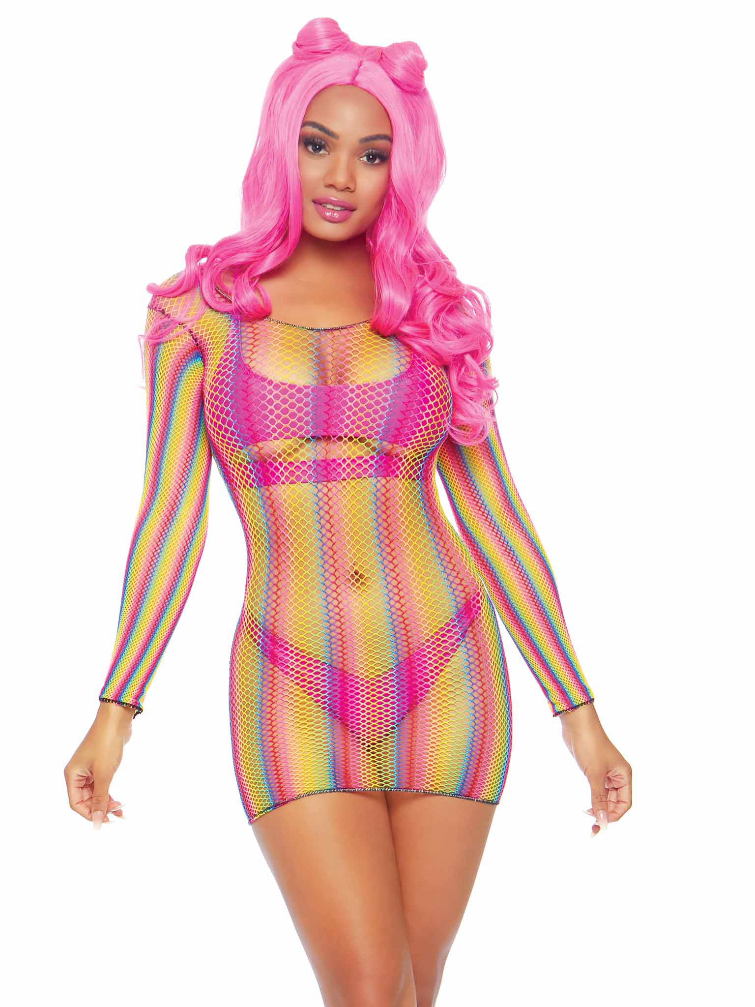 rainbow fishnet long sleeved mini dress one size rainbow 