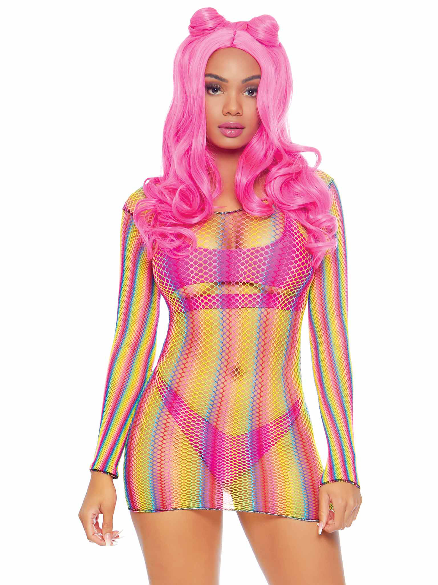 rainbow fishnet long sleeved mini dress one size rainbow 