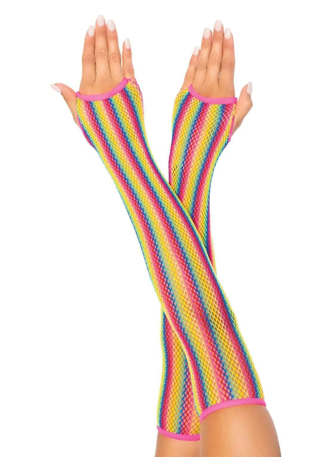 rainbow net fingerless arm warmer gloves one  size multicolor 