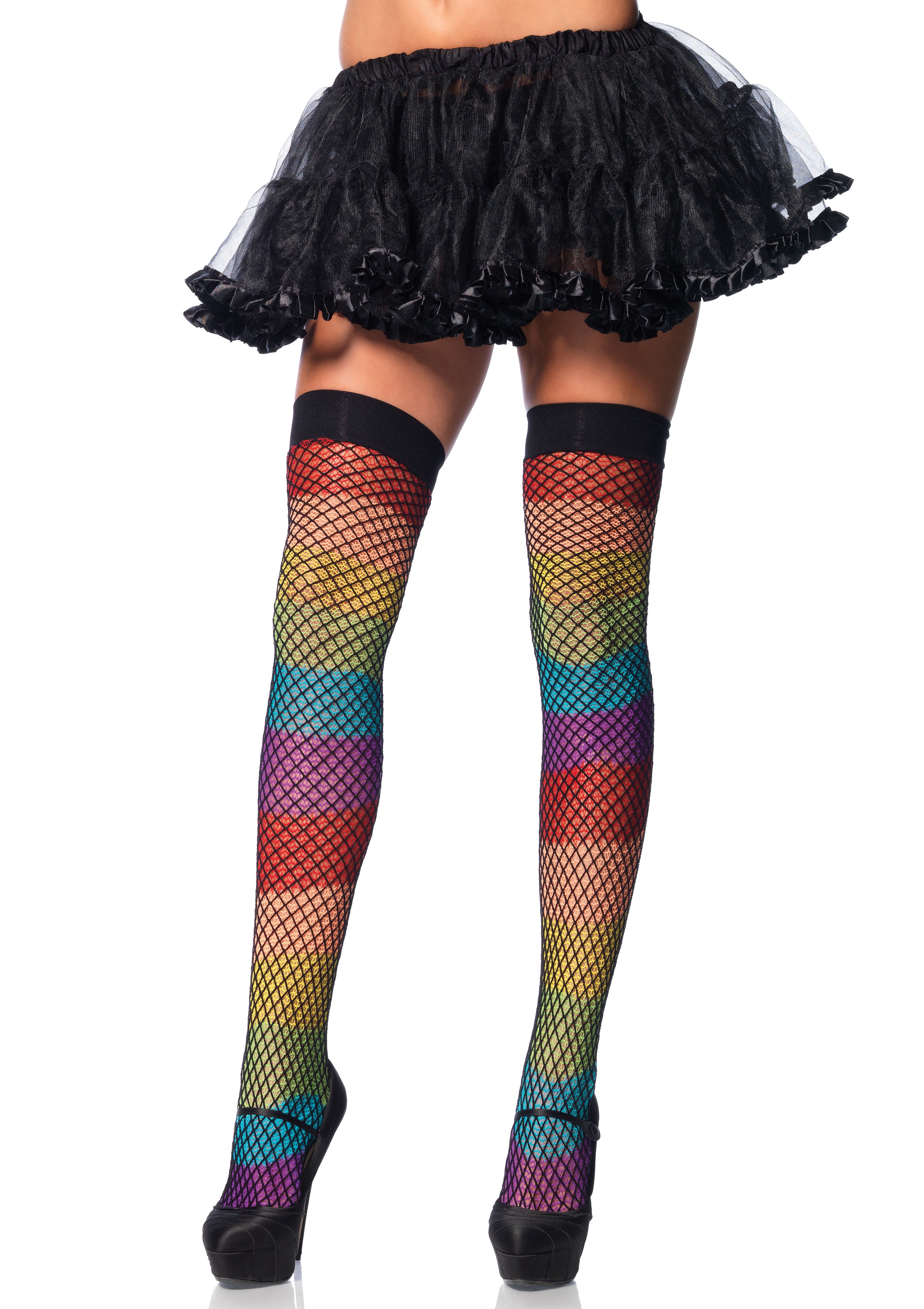 rainbow thigh highs with fishnet overlay one size 