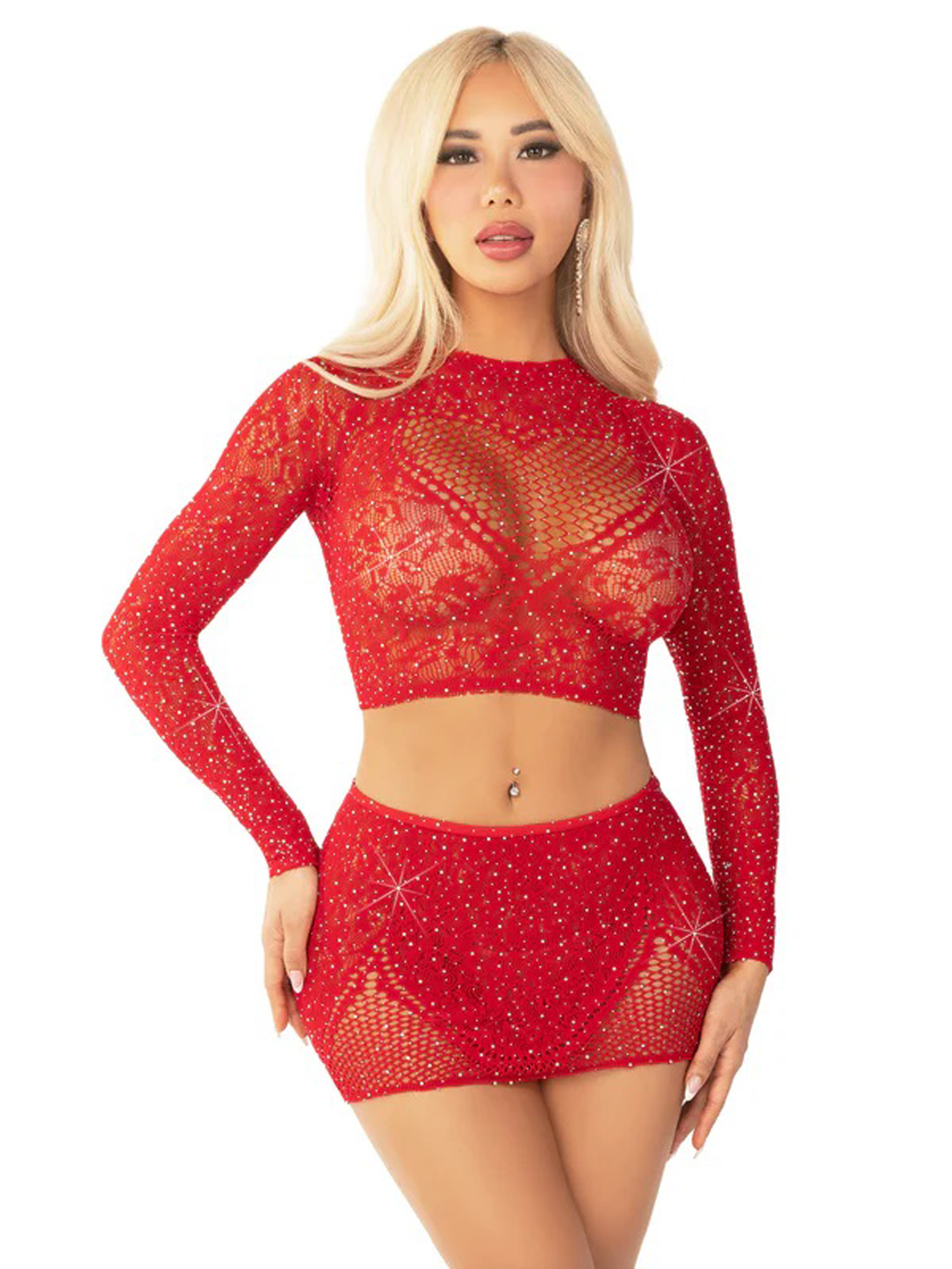 red pc rhinestone lace and net crop top with heart keyhole mini skirt os 