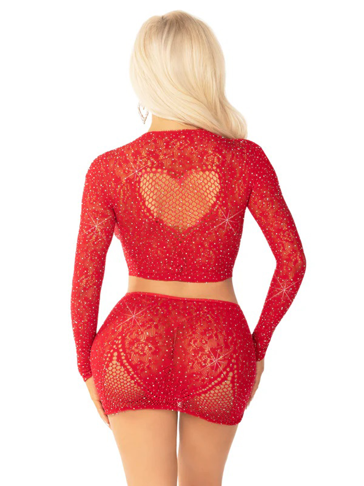 red pc rhinestone lace and net crop top with heart keyhole mini skirt os 