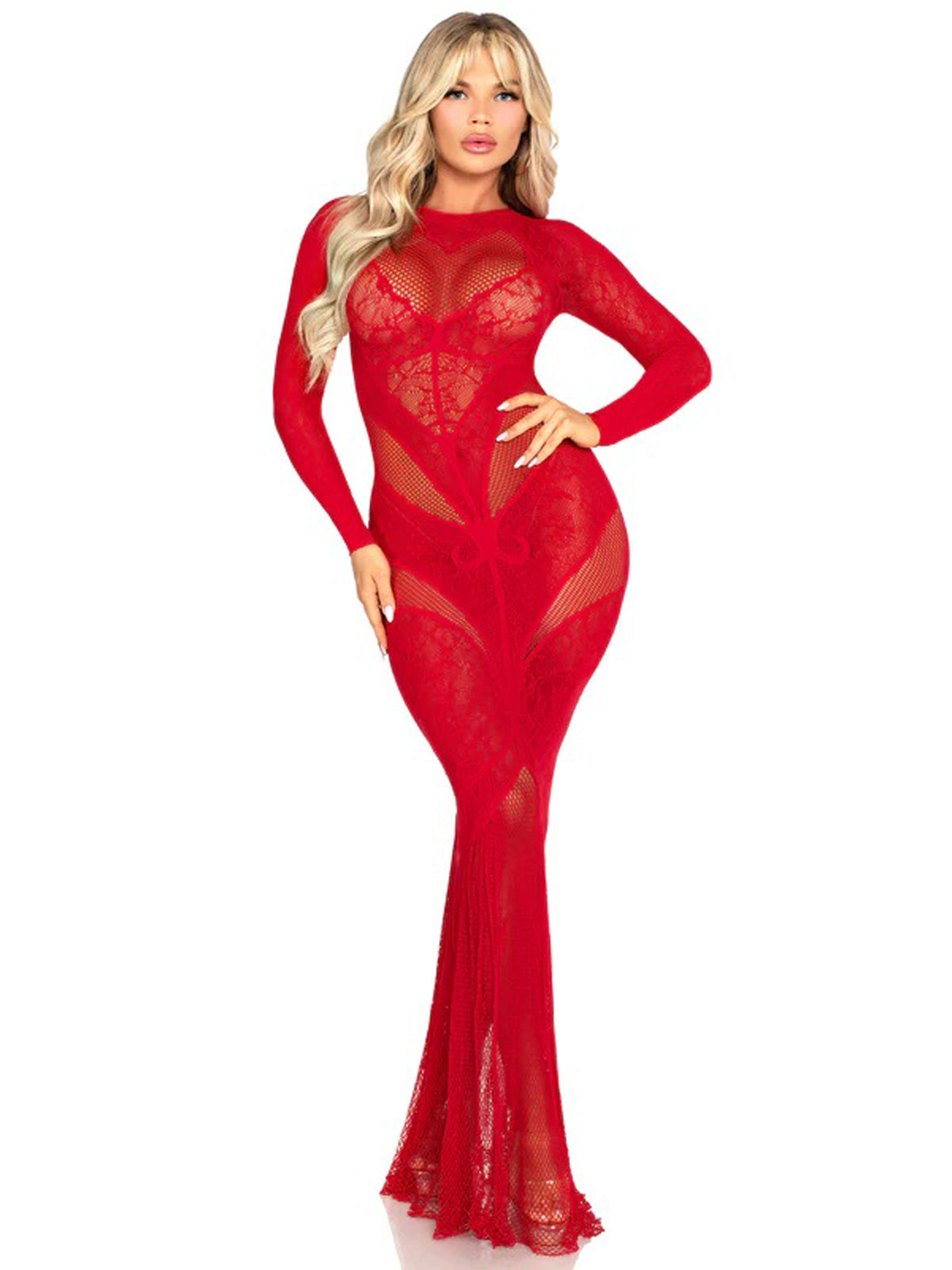 red lace and net body con gown with heart keyhole detail os 