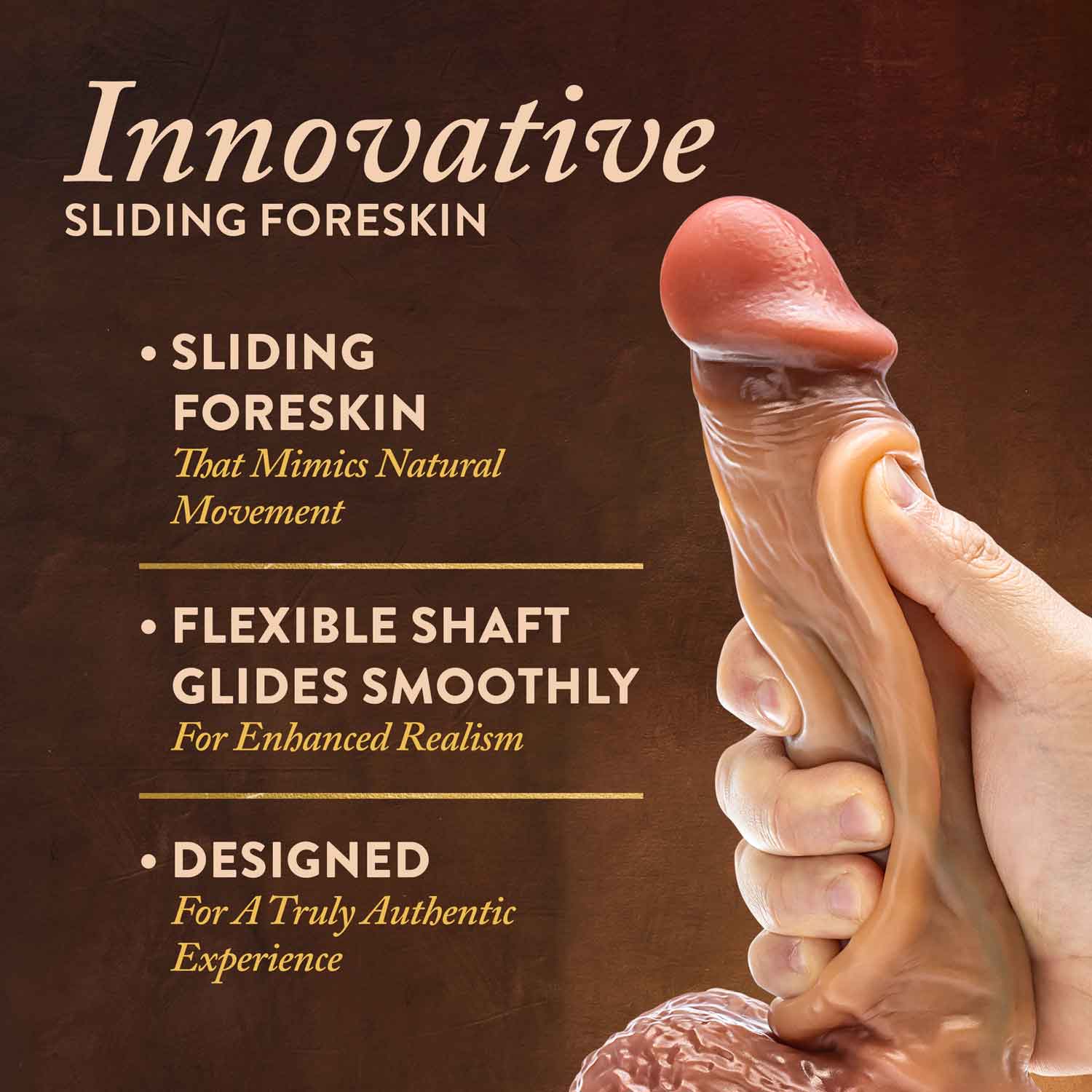 renaissance raphael  inch sliding foreskin dildo with squeezable balls tan 