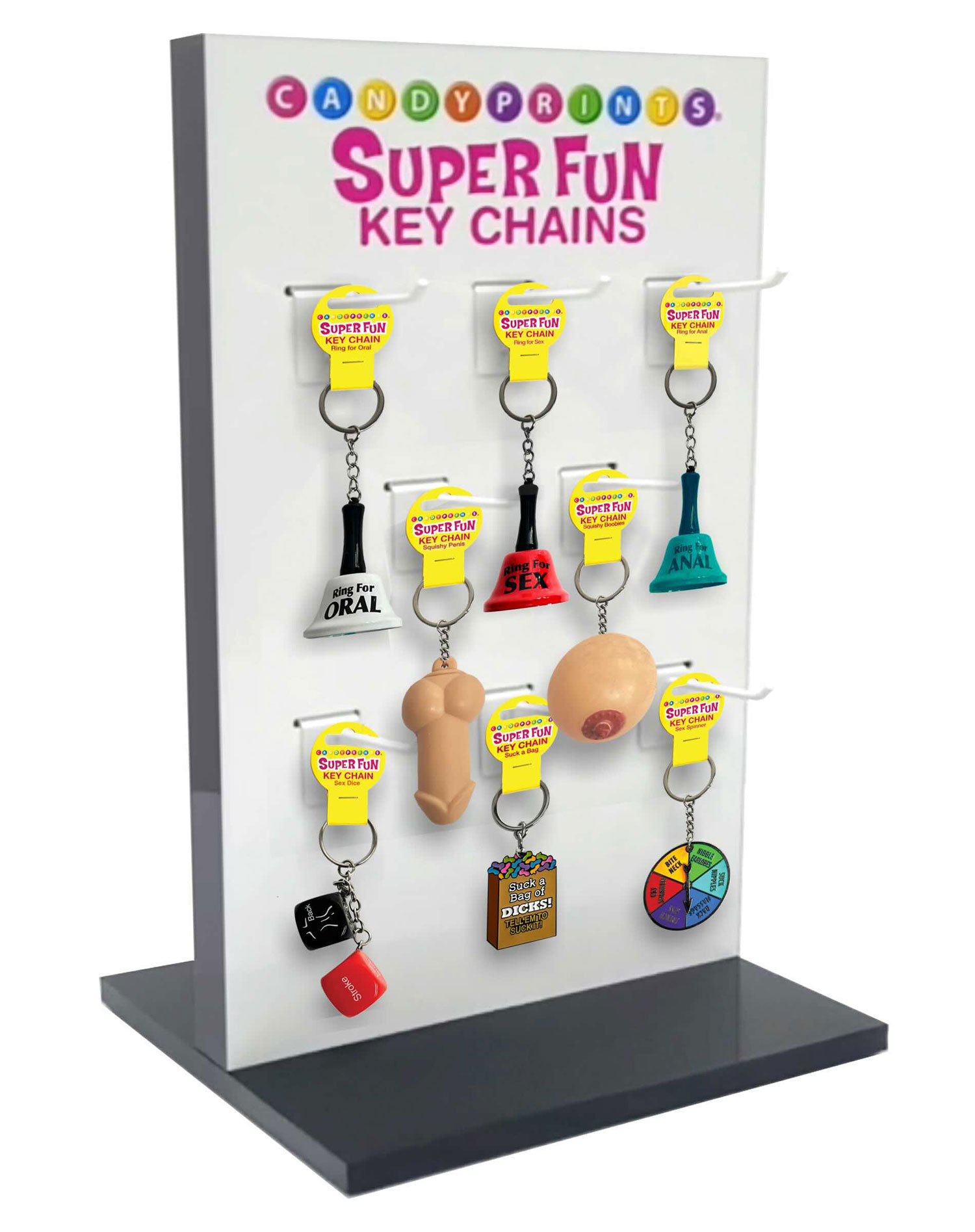 retail display spinner super fun penis keychains and romance games 