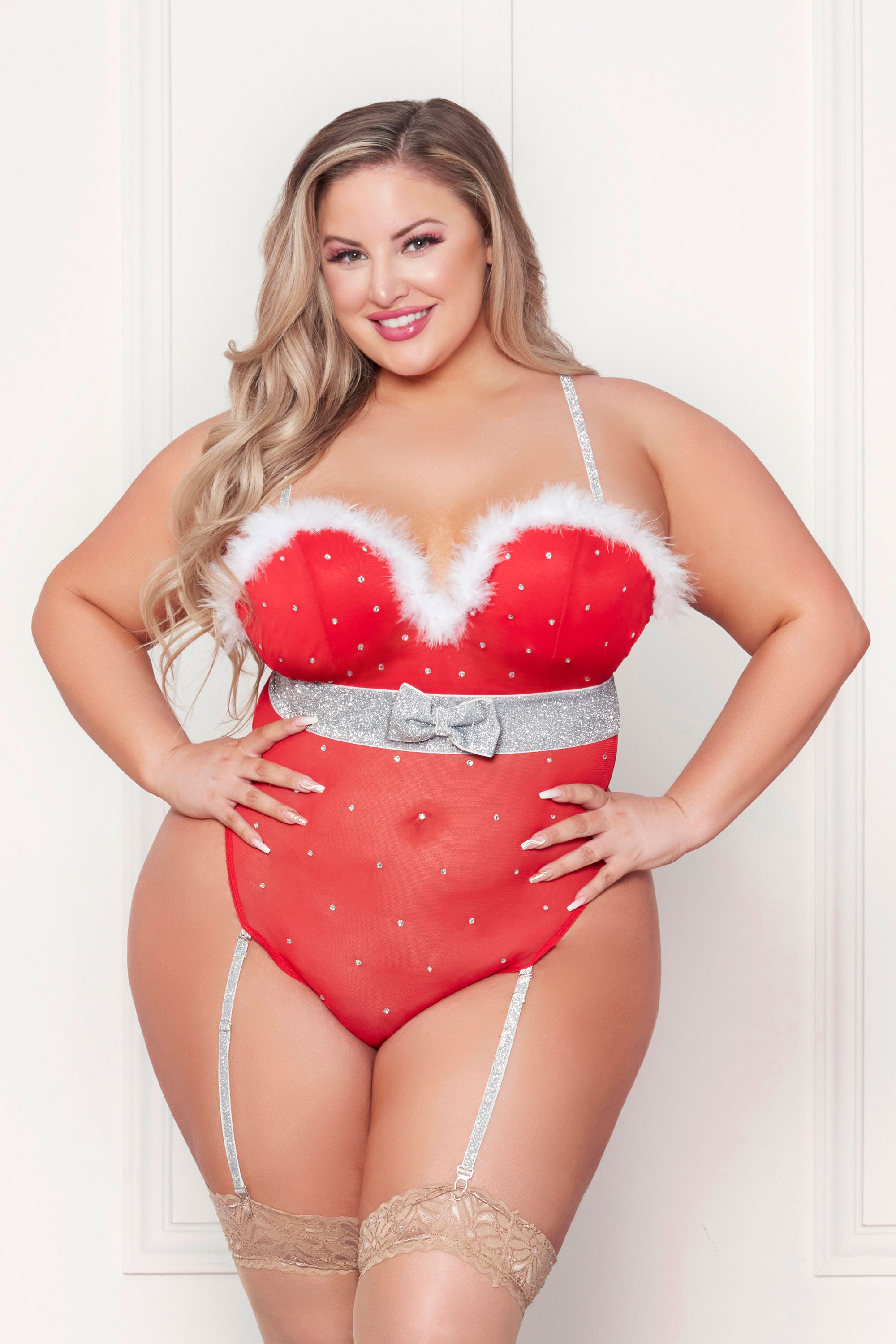 rhinestone studded mesh teddy with marabou trim  x large red 