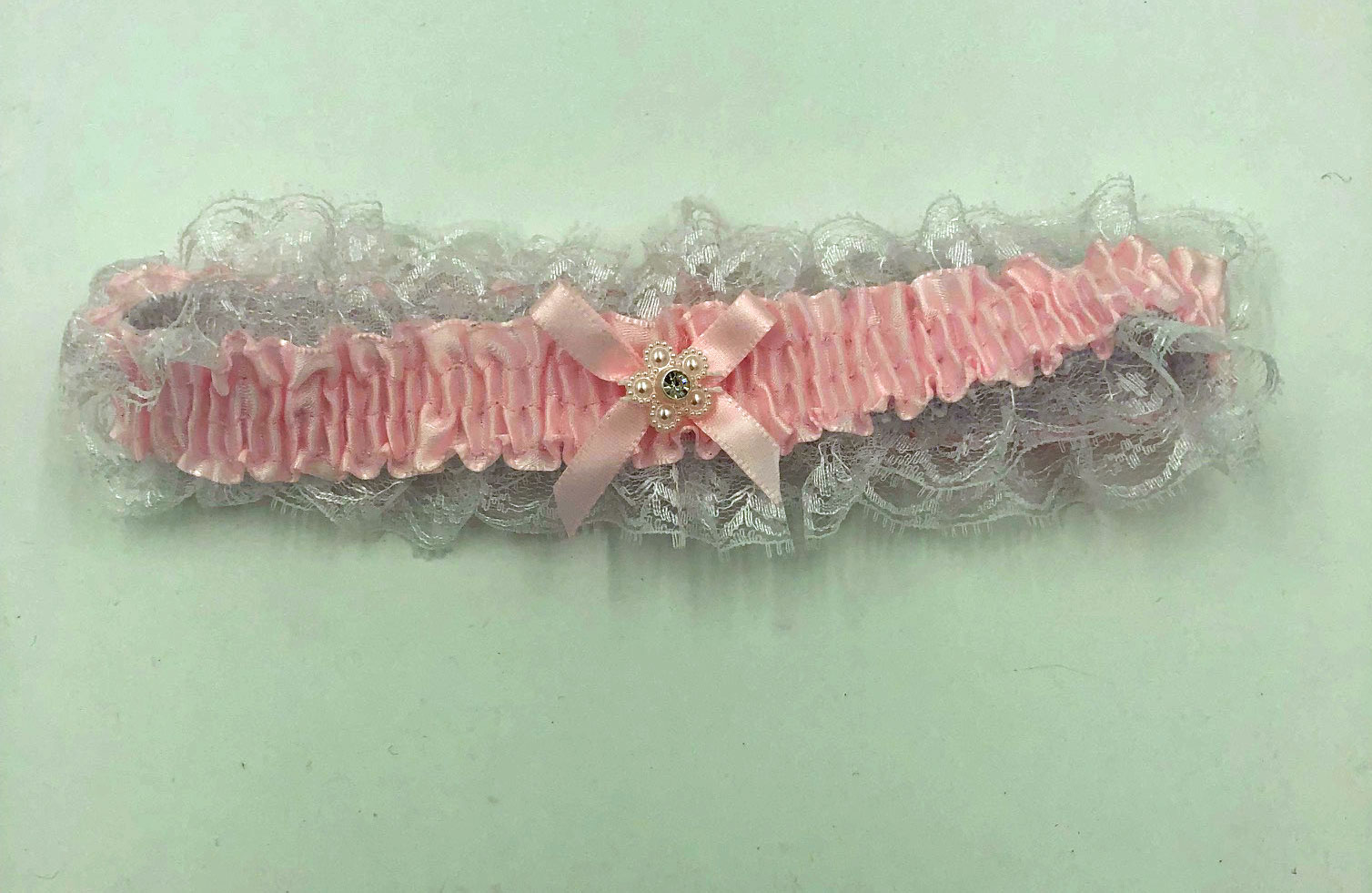 satin leg garter one size baby pink with white lace 