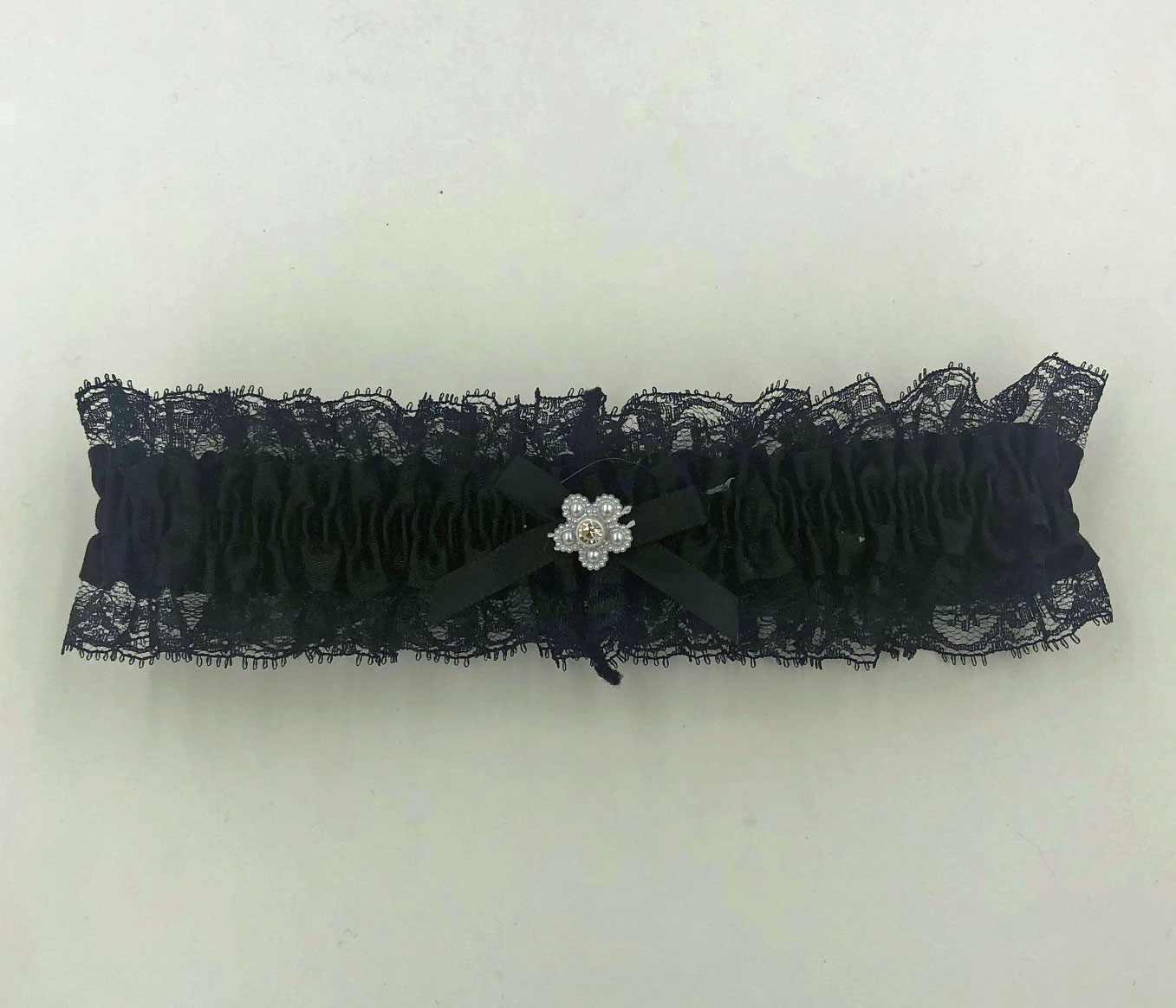 satin leg garter one size black with black  lace 