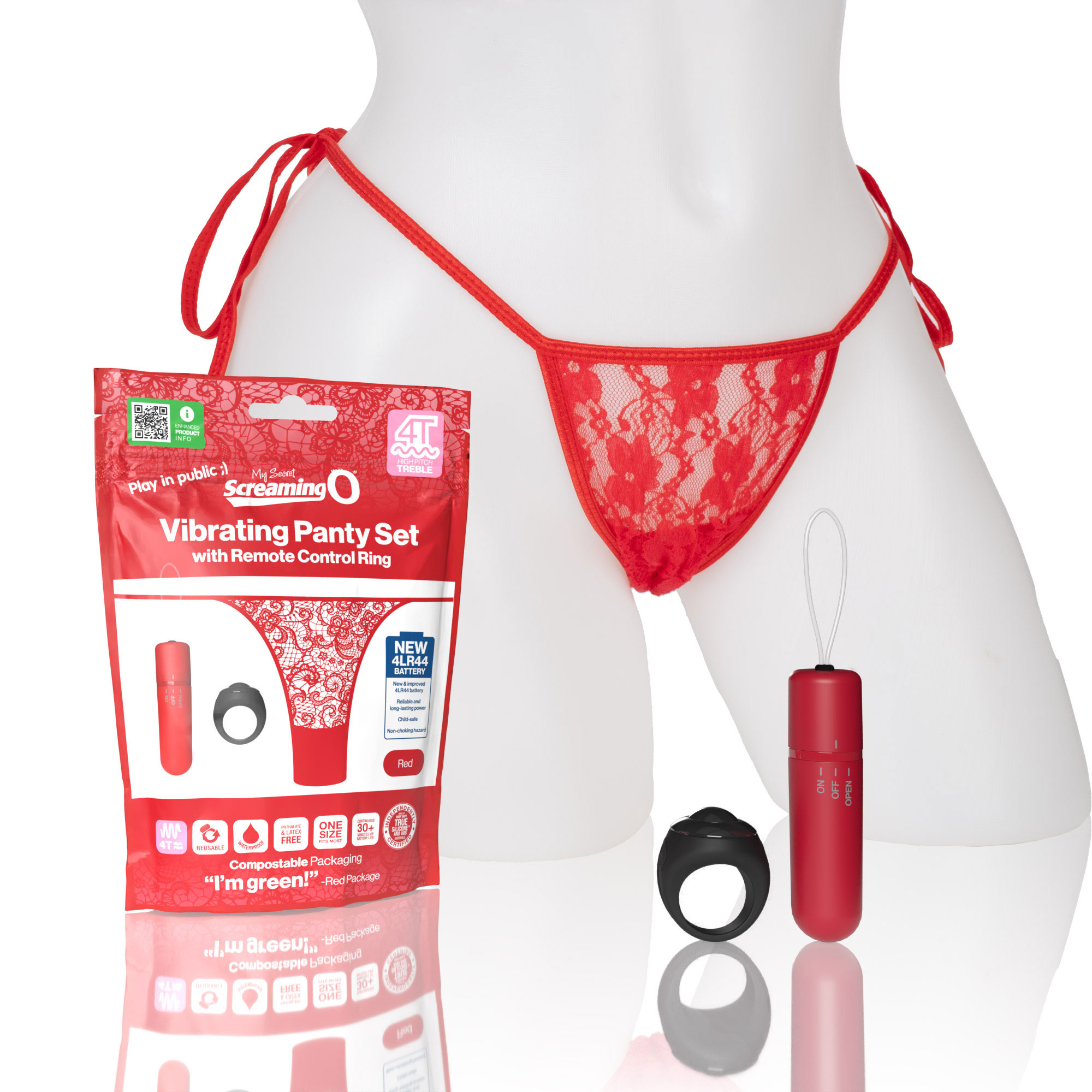 screaming o t vibrating panty set with remote  control ring red 