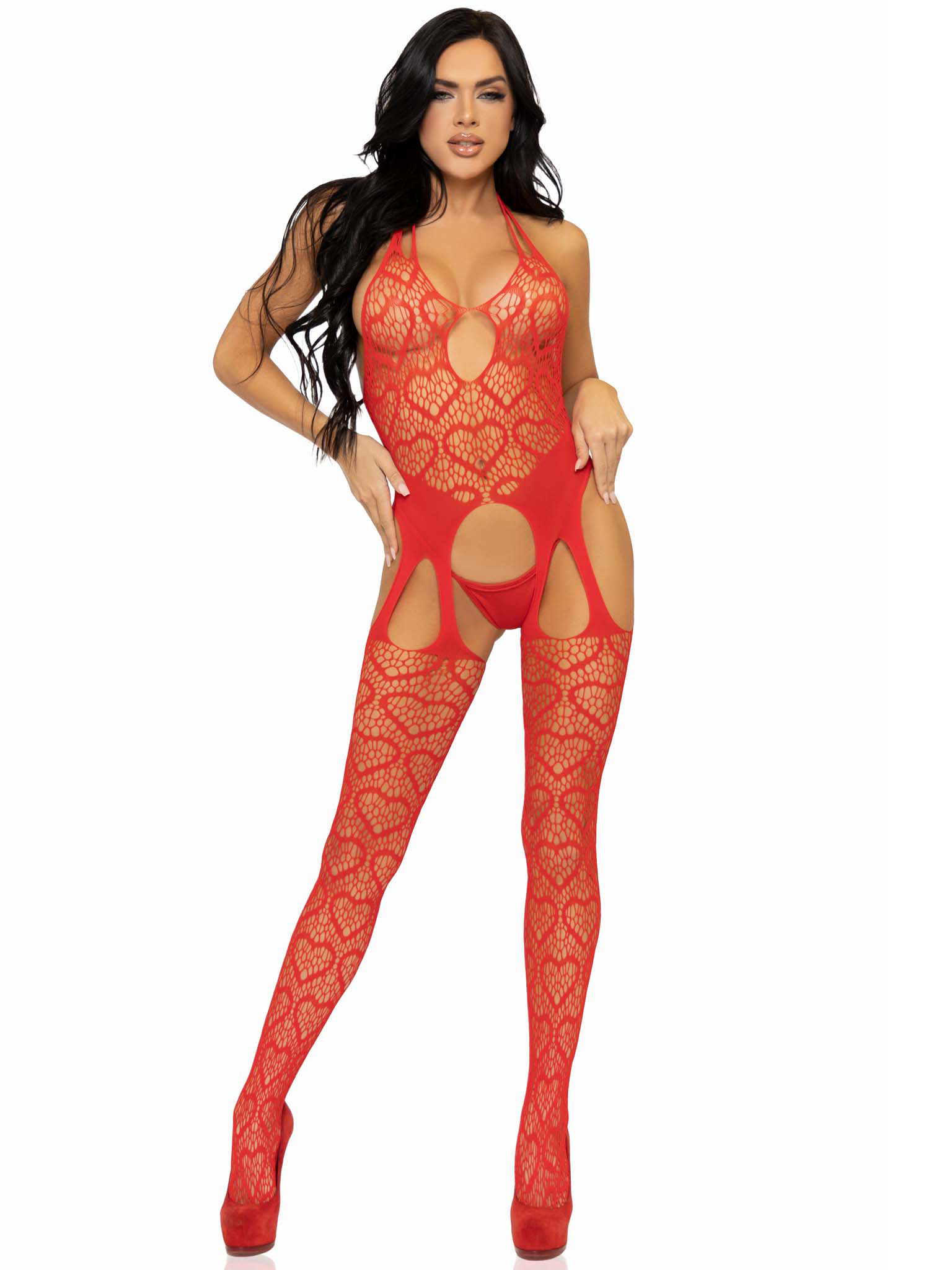 seamless heart net suspender bodystocking one  size red 