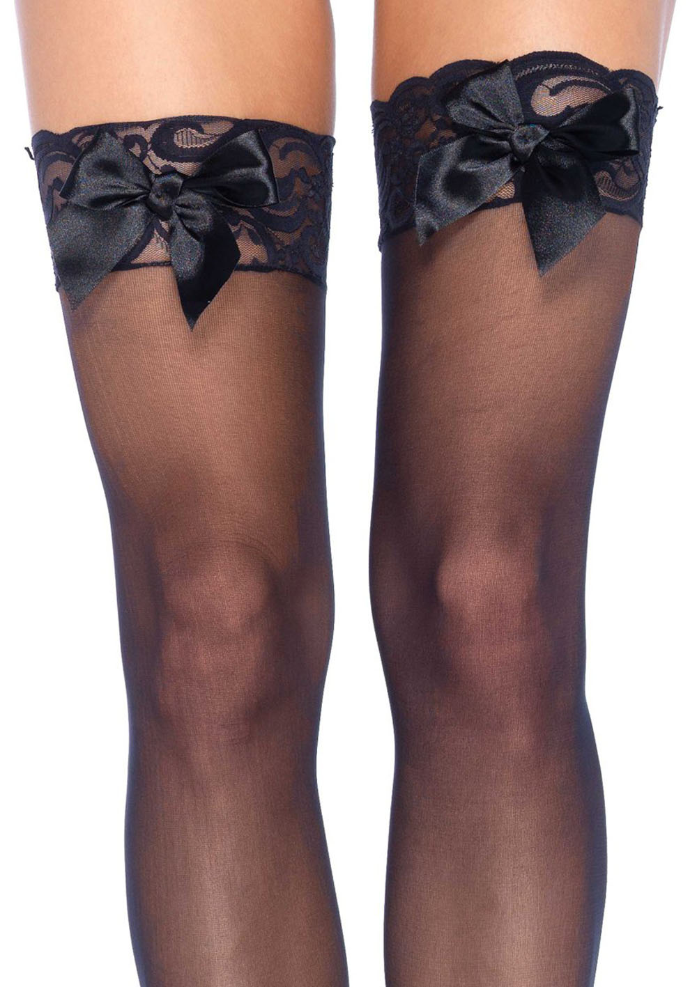 sheer lace top thigh highs with satin bow accent one size black 