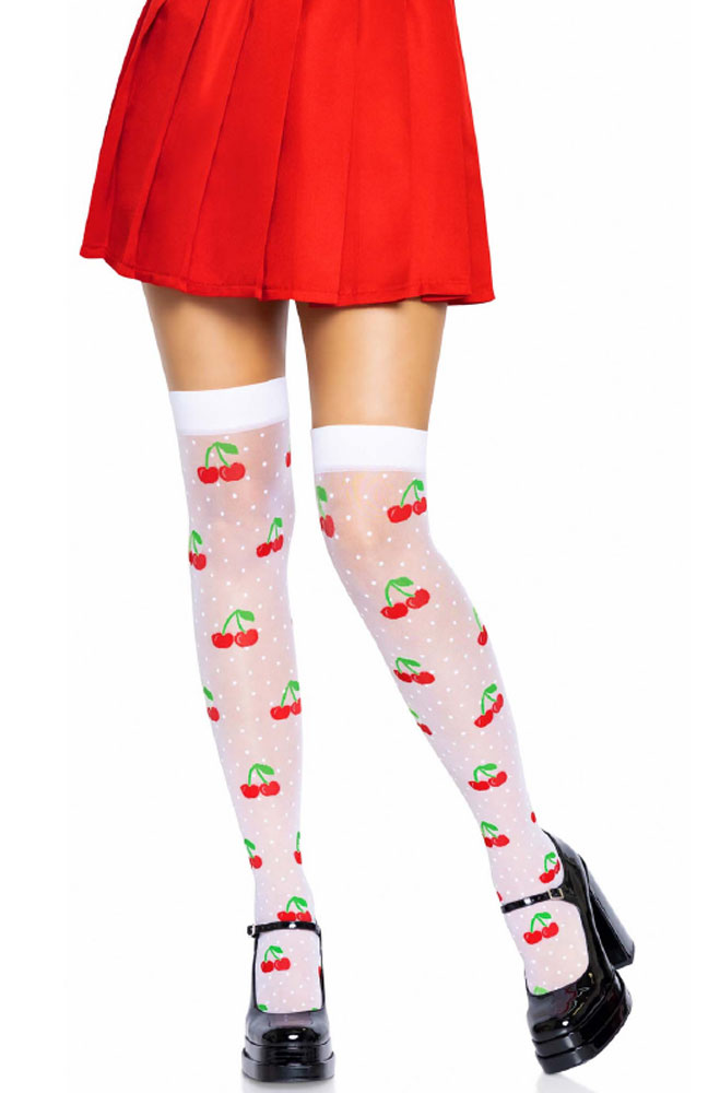 sheer polka dot cherry thigh highs one size whitered 