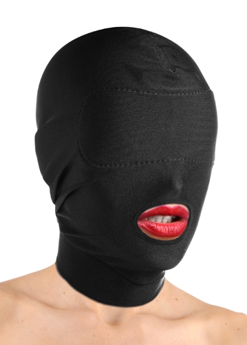 spandex hood with padded eyes and open mouth 