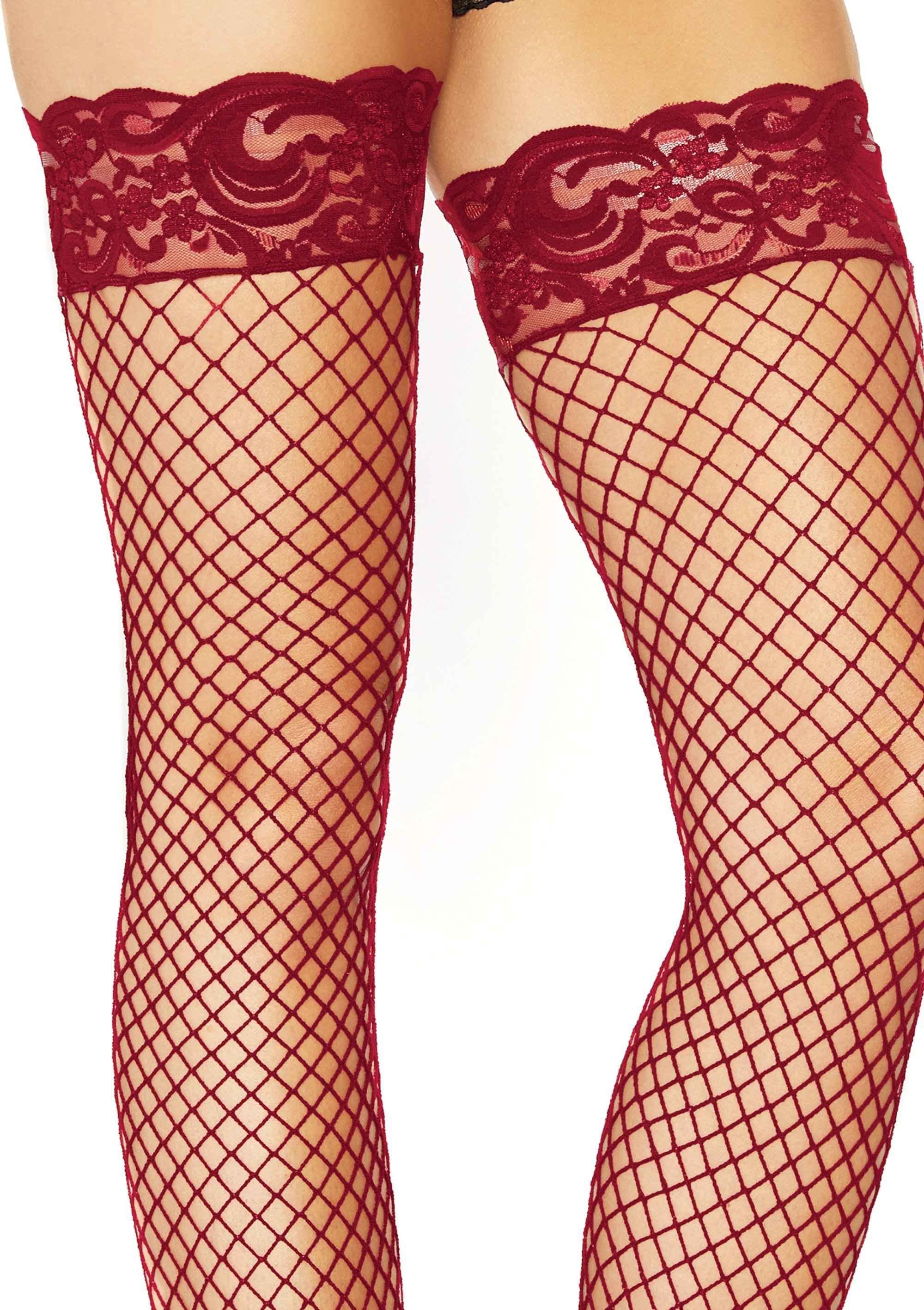 stay up fishnet thigh highs one size burgundy 