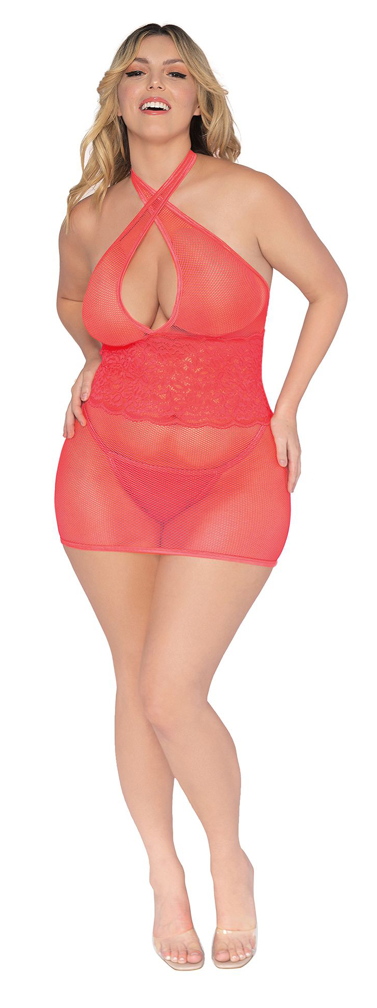 stretch fishnet and scalloped stretch lace chemise queen coral 