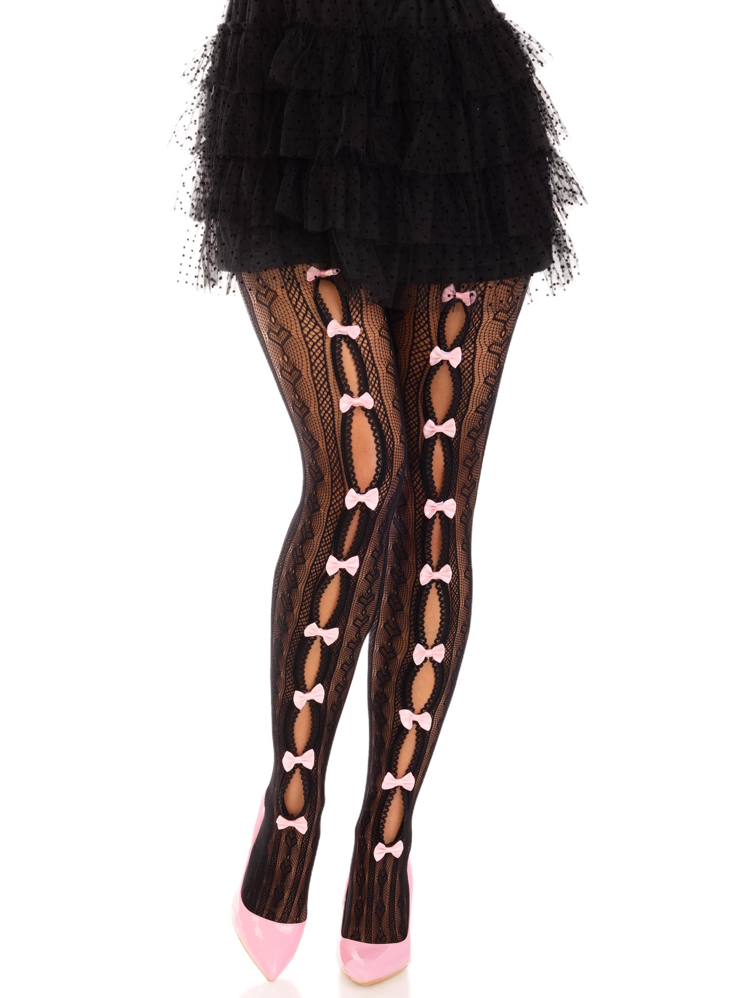 sweetheart striped net tights with keyhole and mini bow detail one size black 