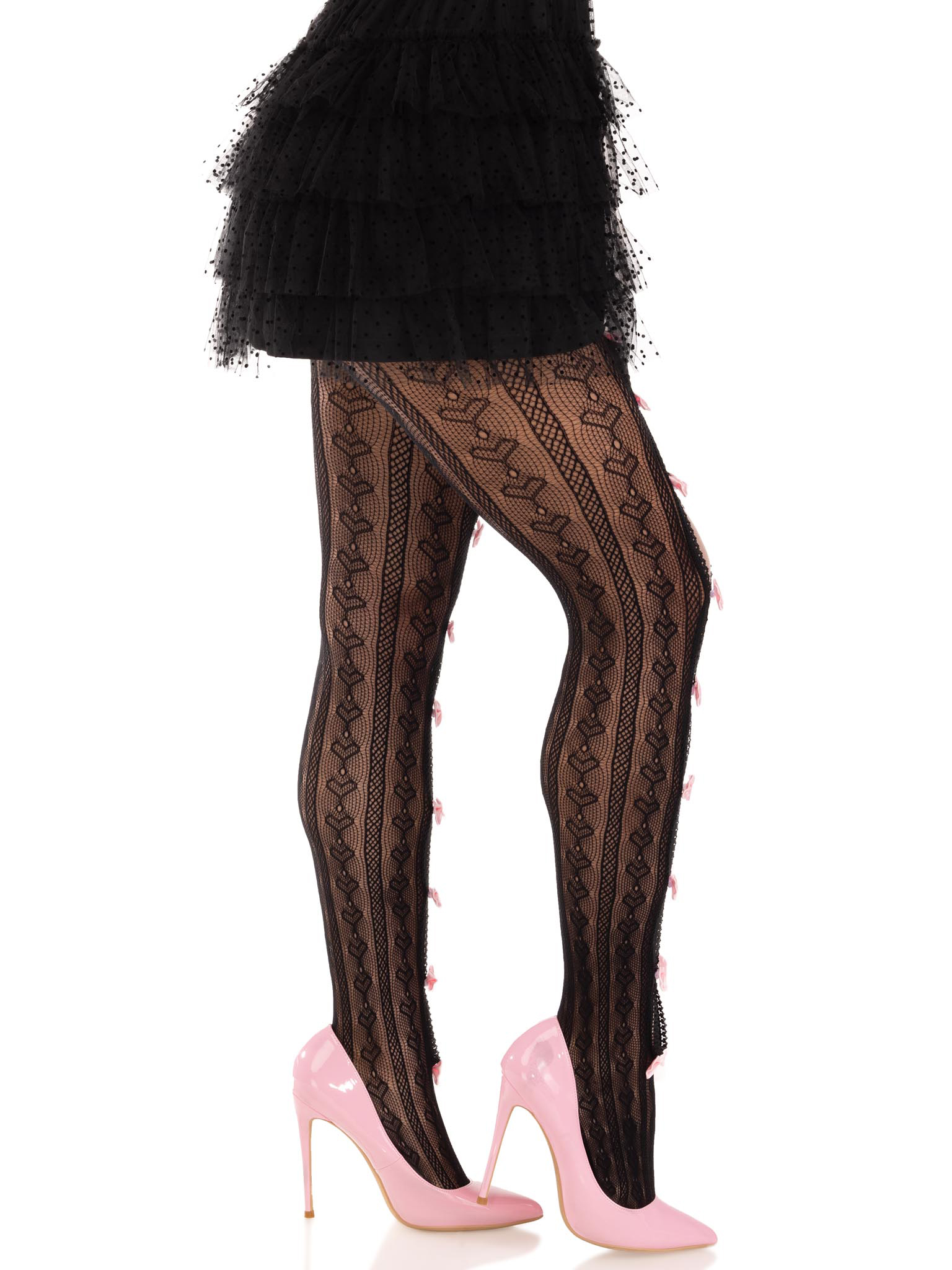 sweetheart striped net tights with keyhole and mini bow detail one size black 