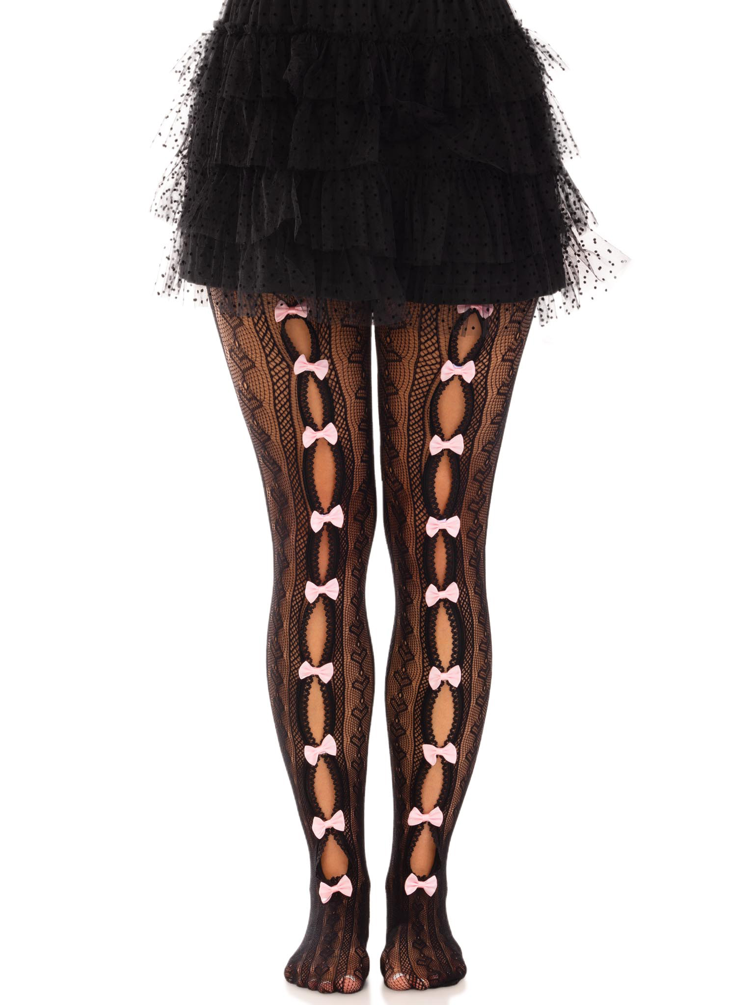 sweetheart striped net tights with keyhole and mini bow detail one size black 