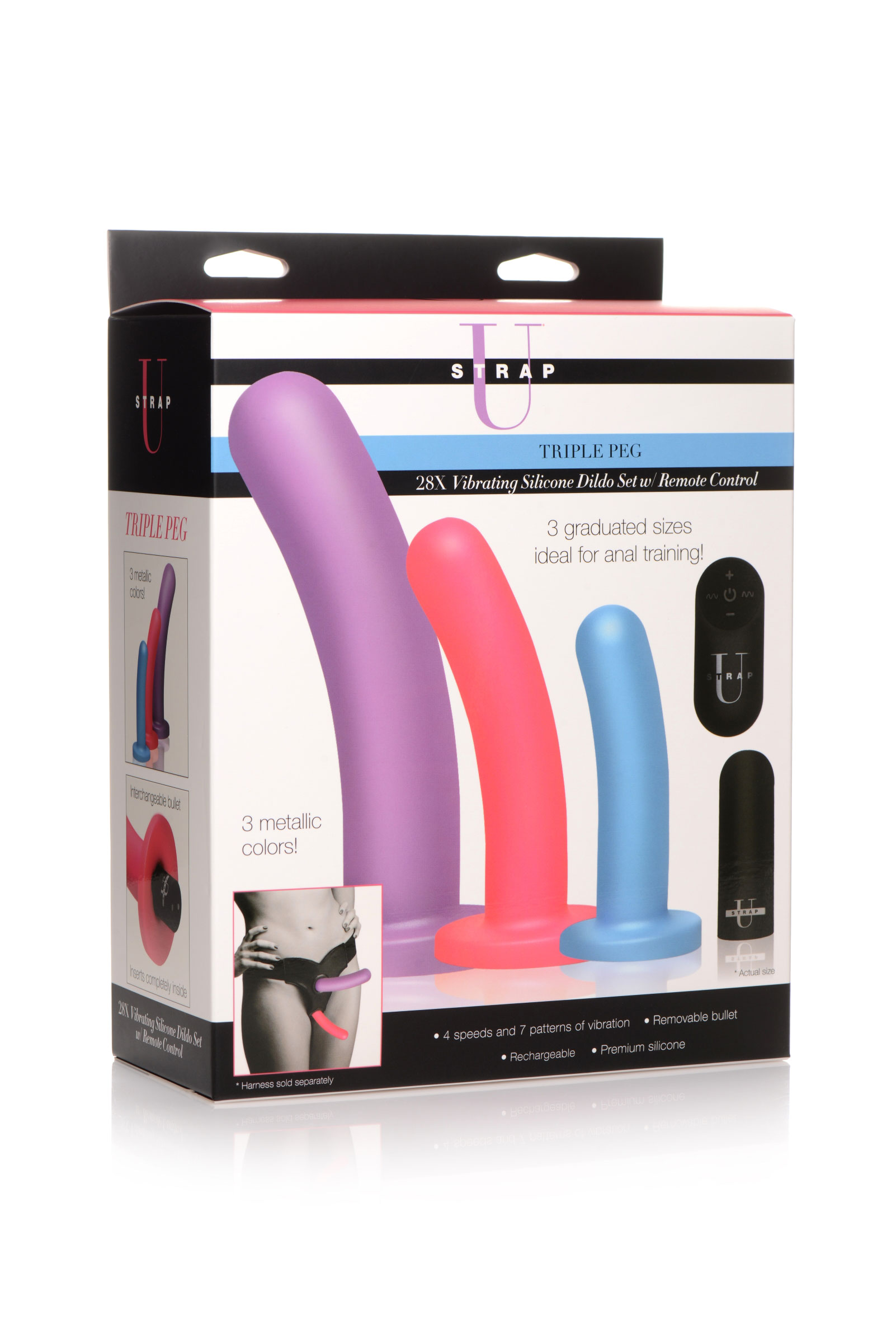 triple peg x vibrating silicone dildo set with remote 