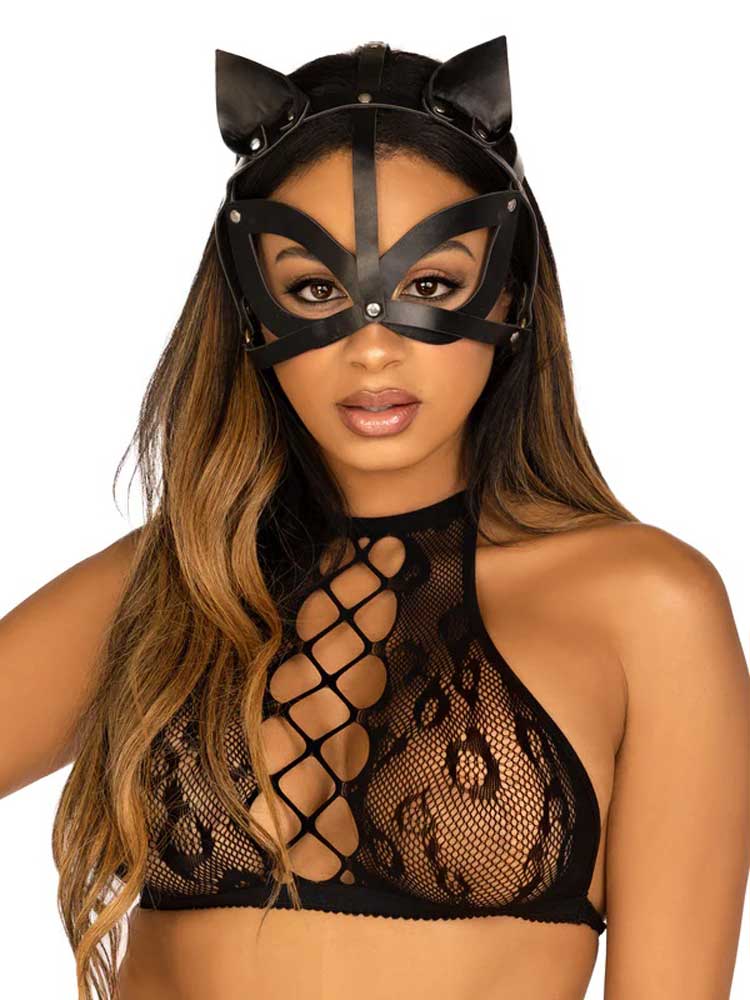 vegan leather studded cat mask black 