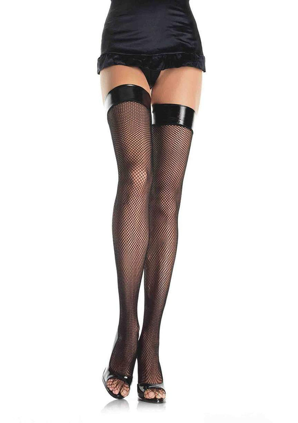 vinyl top fishnet thigh highs one size black 