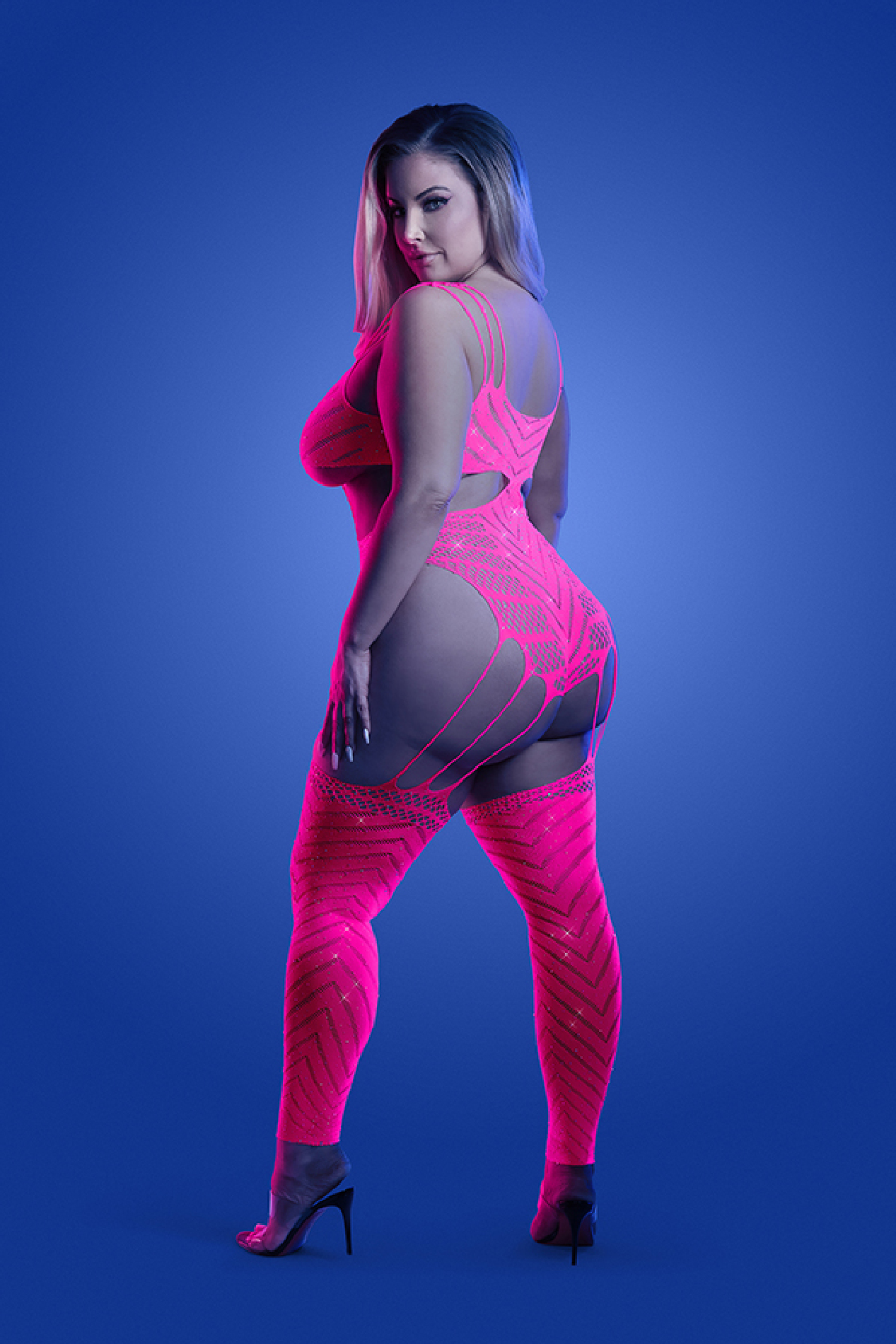 wavelength cutout rhinestone teddy bodystocking  queen neon pink 