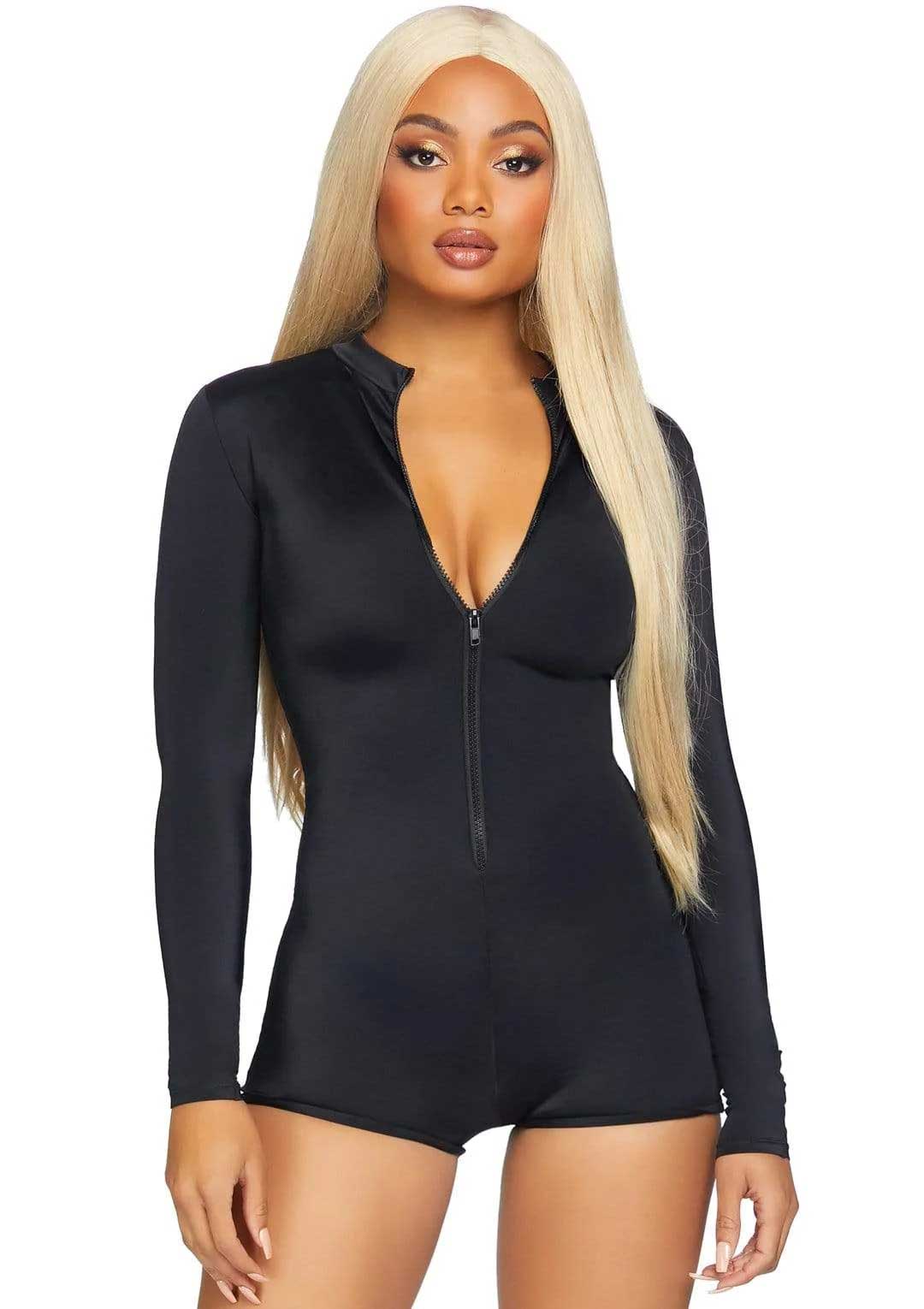 zipper front long sleeved matte romper medium black 